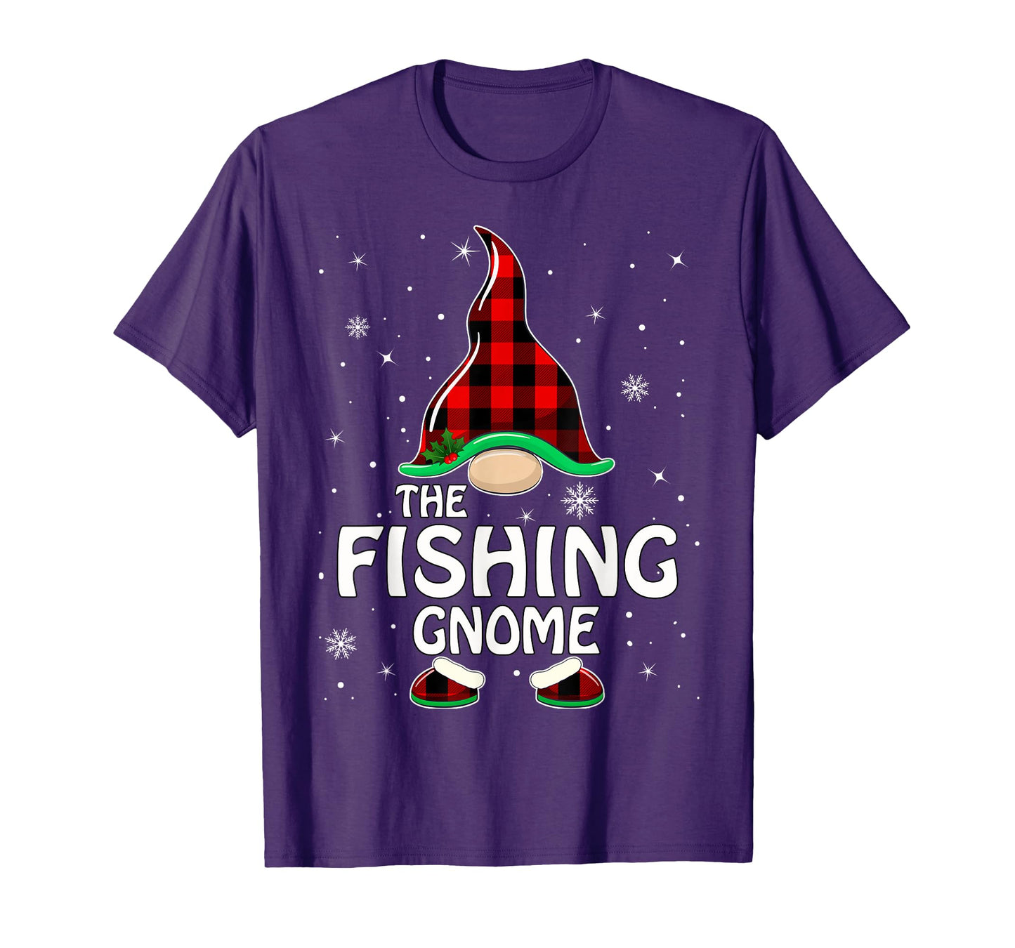 Fishing Gnome Buffalo Plaid Matching Family Christmas Pajama T-Shirt