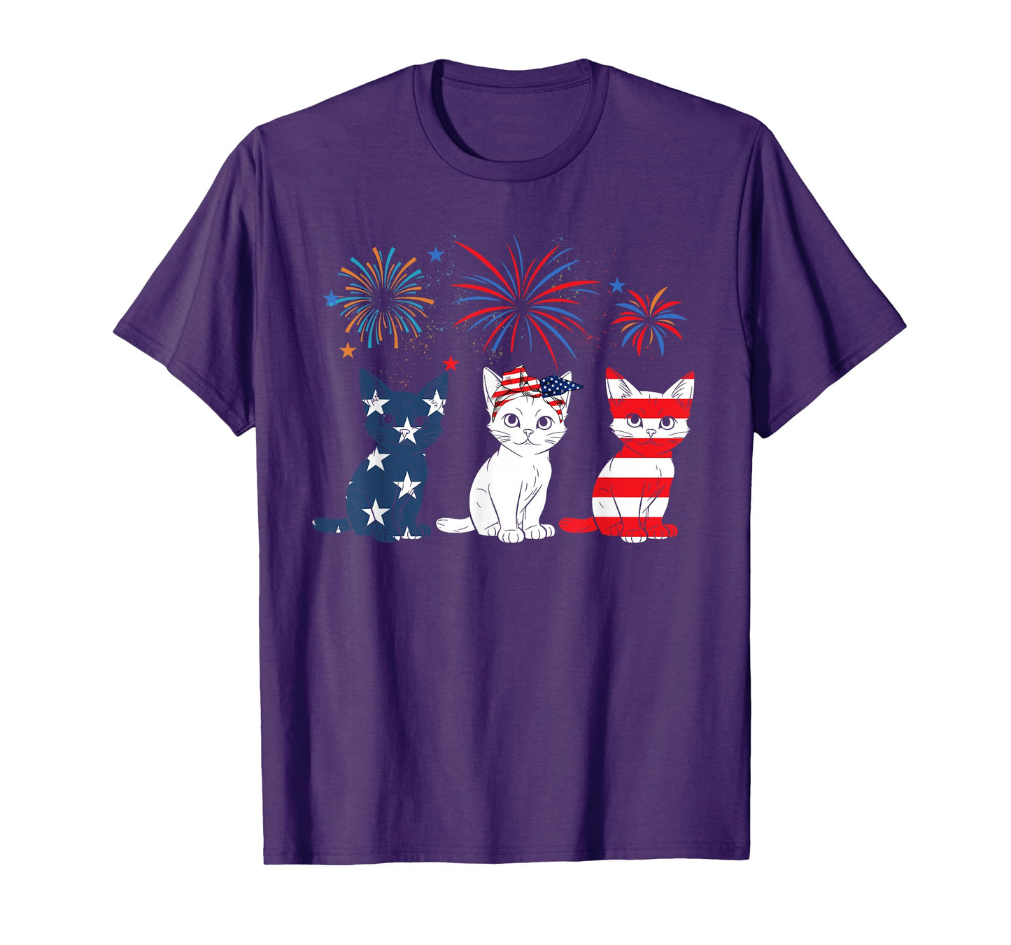 Red White Blue Cat USA Flag Firework 4th Of July T-Shirt