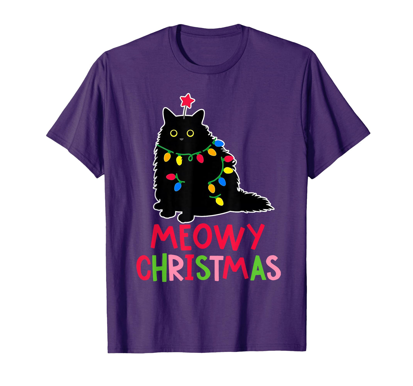 Meowy Christmas Xmas Lights Black Cat Pajamas Family Funny Men Women Kids T-Shirt