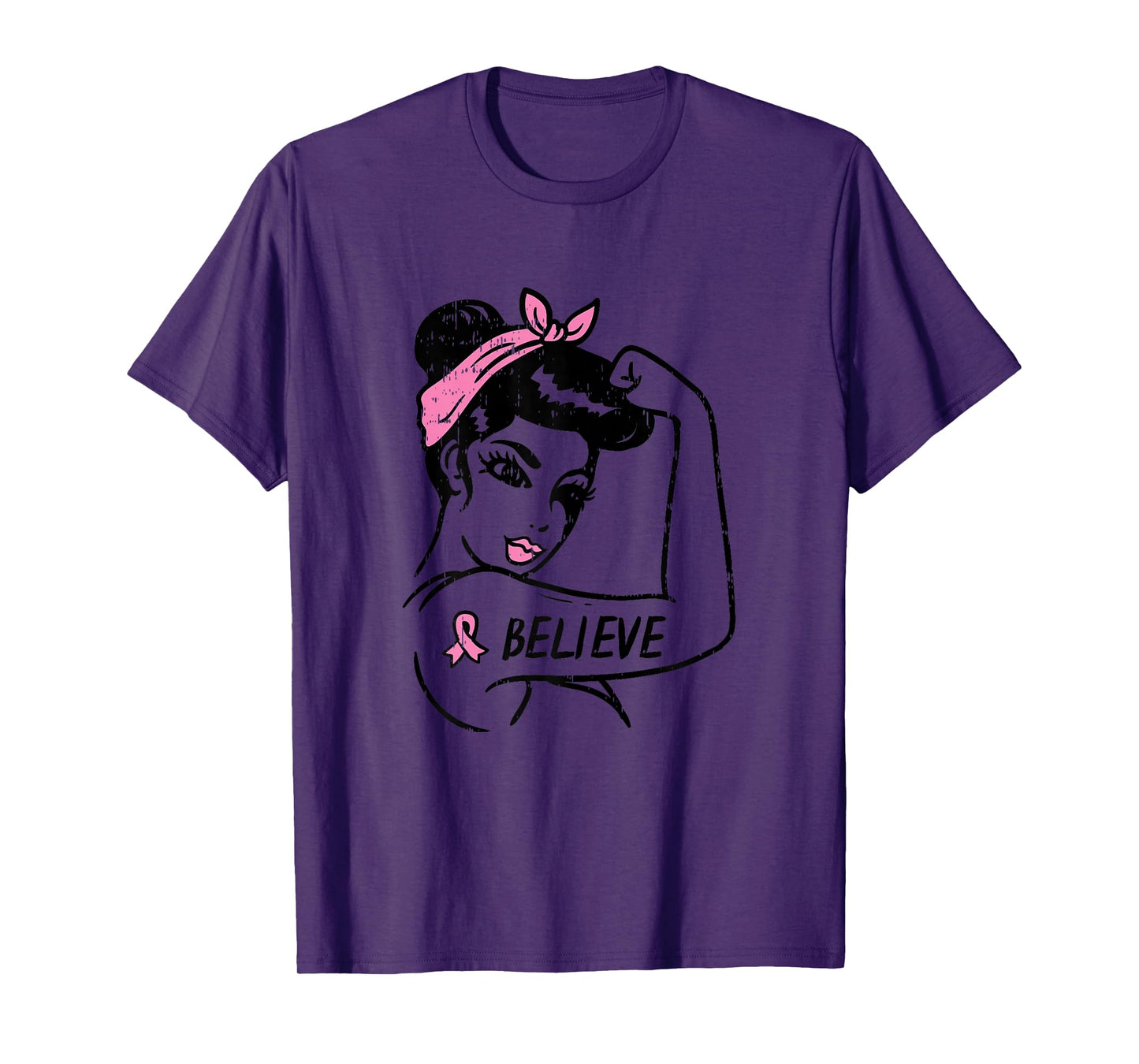 Rosie Riveter Believe Pink Ribbon Breast Cancer Awareness T-Shirt