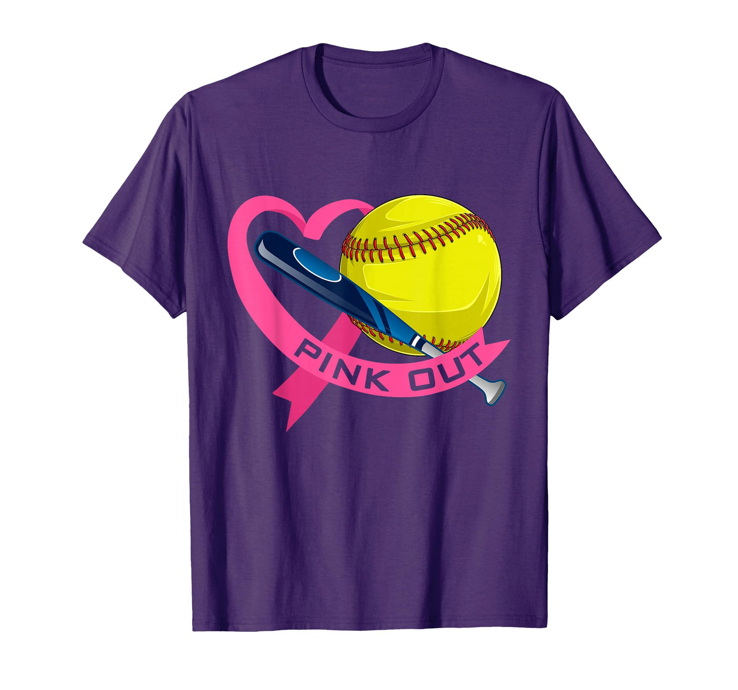 Pink Out Breast Cancer Pink Ribbon Heart With Softball Ball T-Shirt