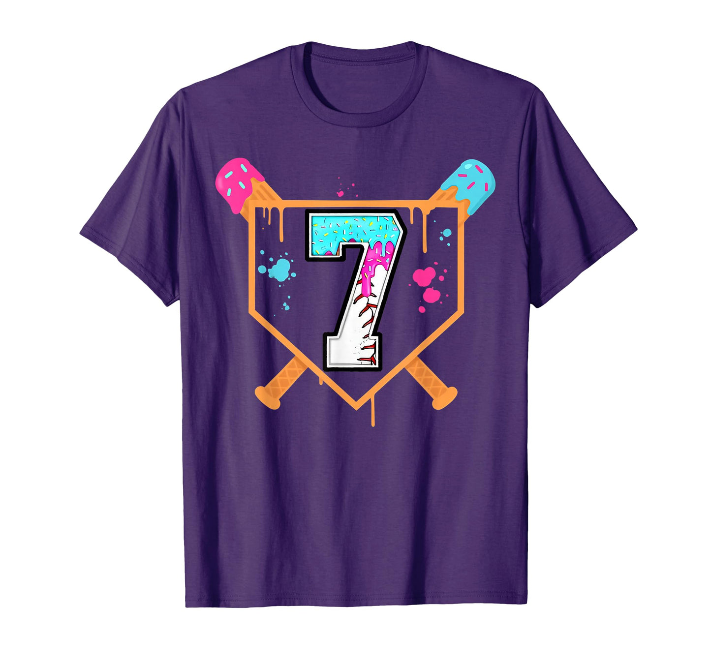 Baseball 7th Birthday Ice Cream Drip 7 Years Old Bday Boy T-Shirt