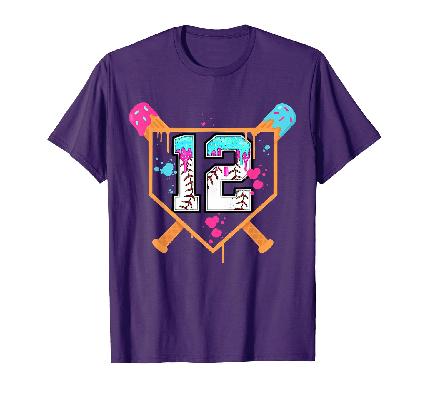 Baseball 12th Birthday Boy Ice Cream Drip 12 Year Old Bday T-Shirt