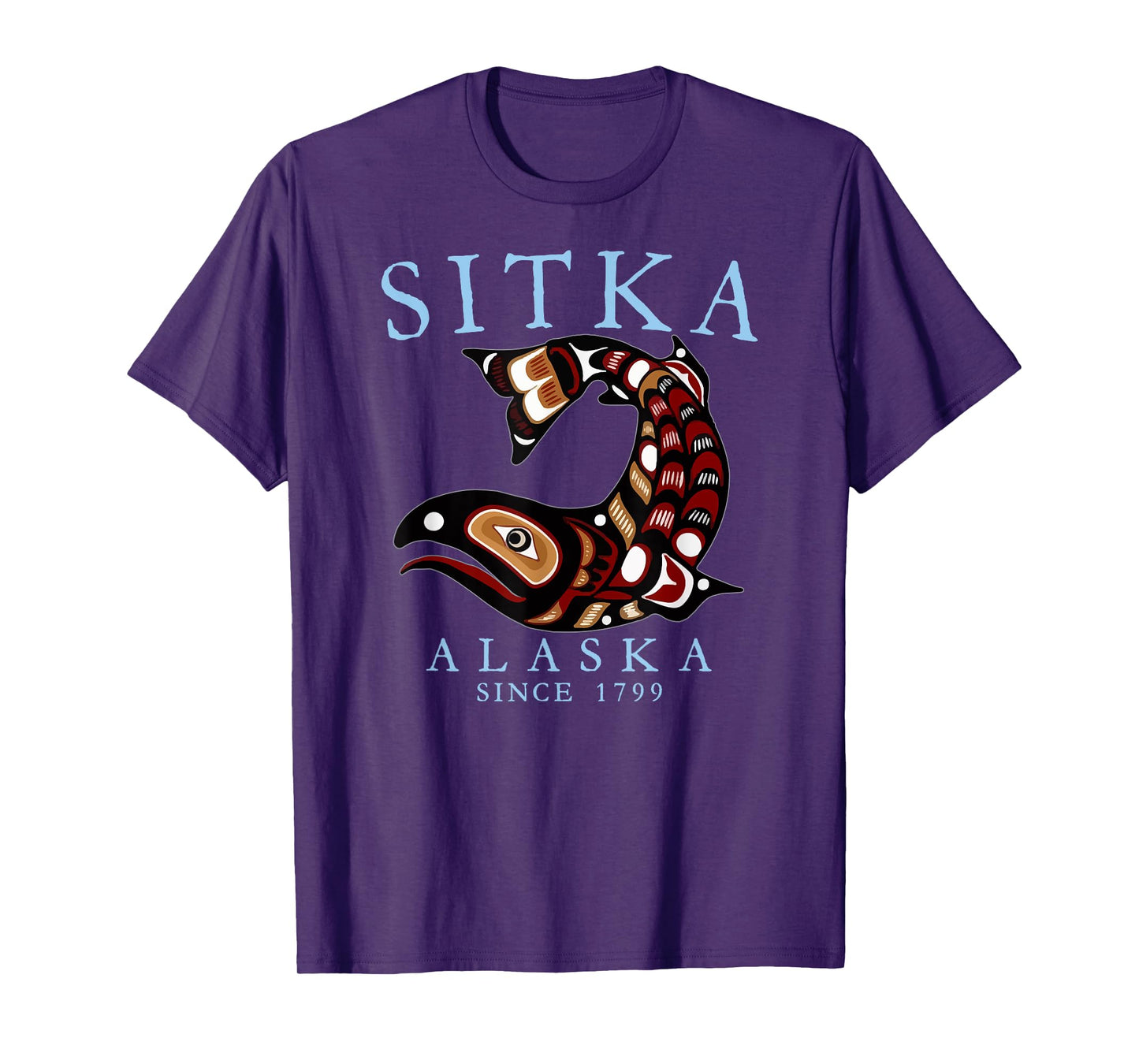 Sitka Alaska Tribal Art Salmon Since 1799 Pale Blue Letters T-Shirt
