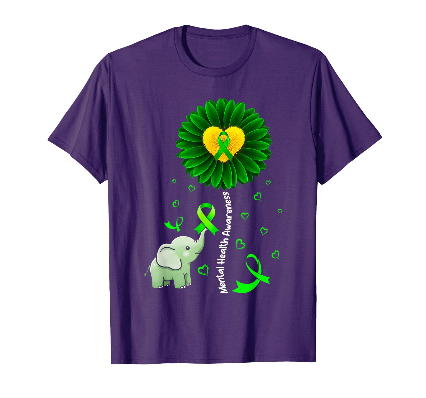 Mental Health Awareness Sunflower Green Ribbon Elephant T-Shirt