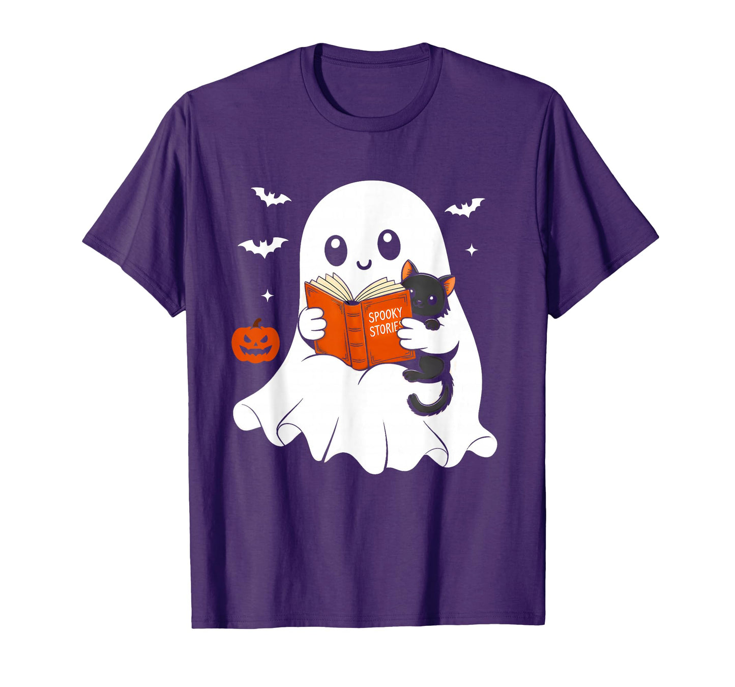 Ghost Reading Book Black Cat Halloween Costume Men Women T-Shirt