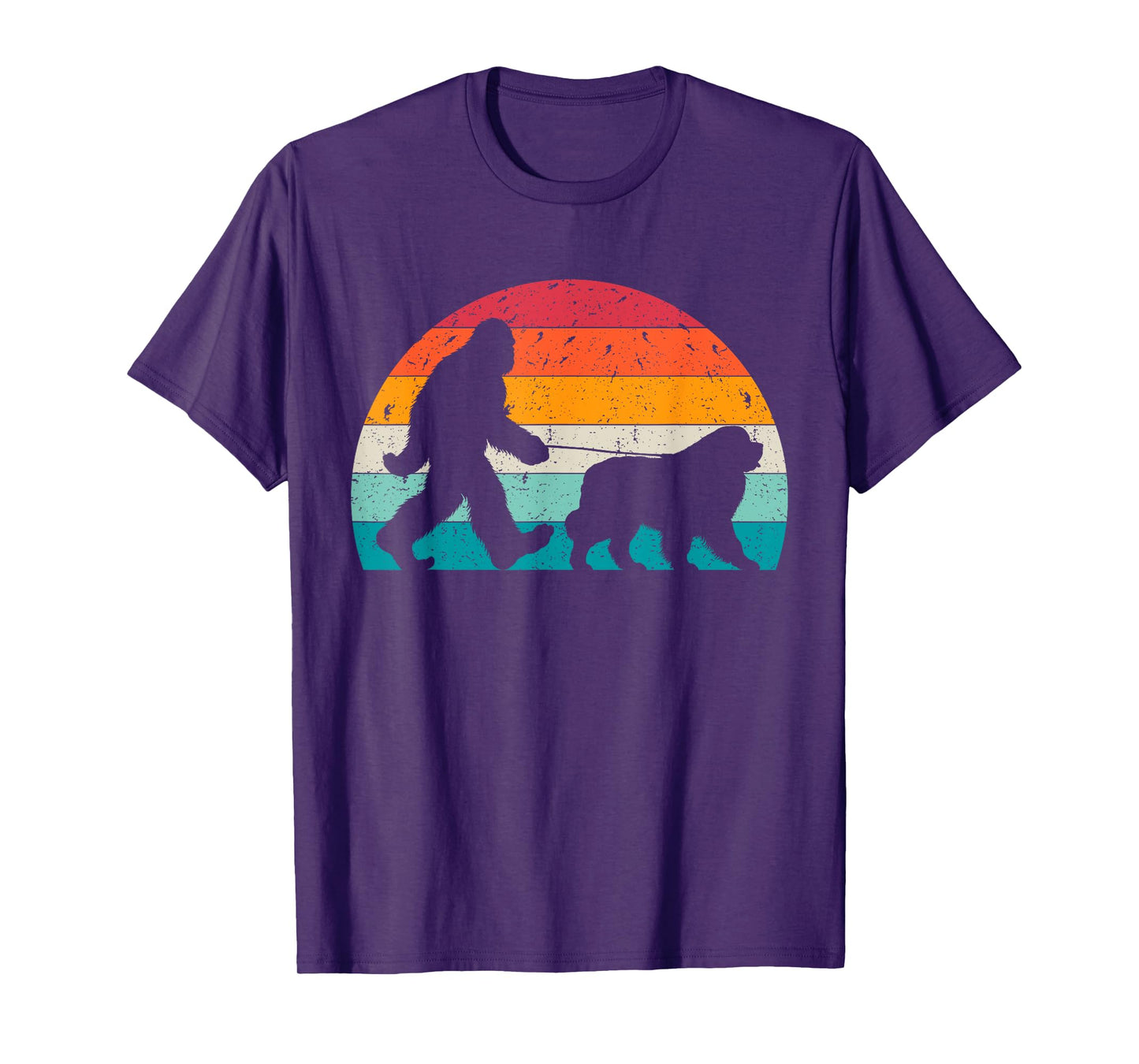 Bigfoot Walking a Dog Funny Newfie Lovers Dog Dad T-Shirt for Men Women Kids