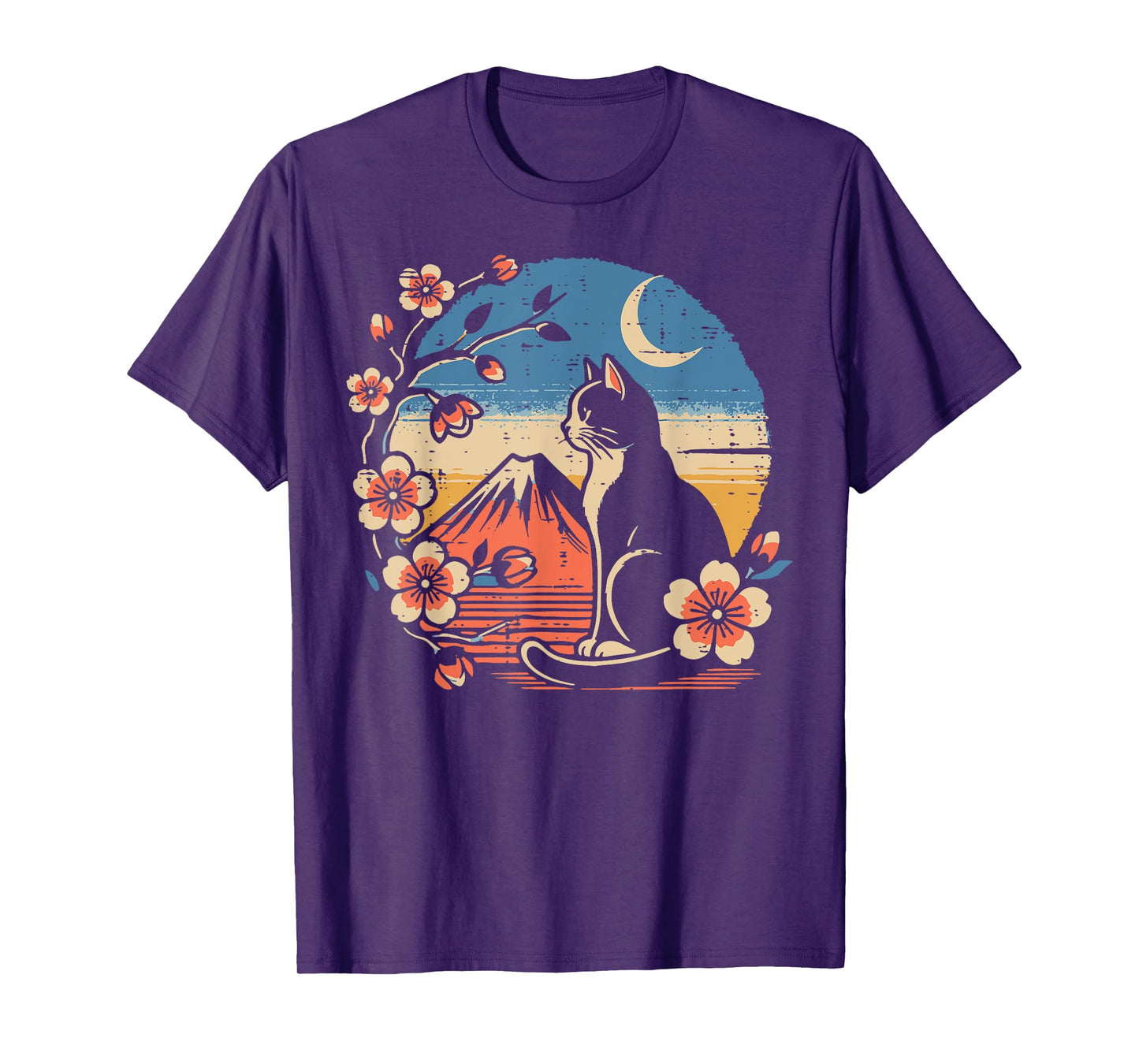 Japanese Tuxedo Cat Cherry Blossoms Retro Art Men Women Kids T-Shirt