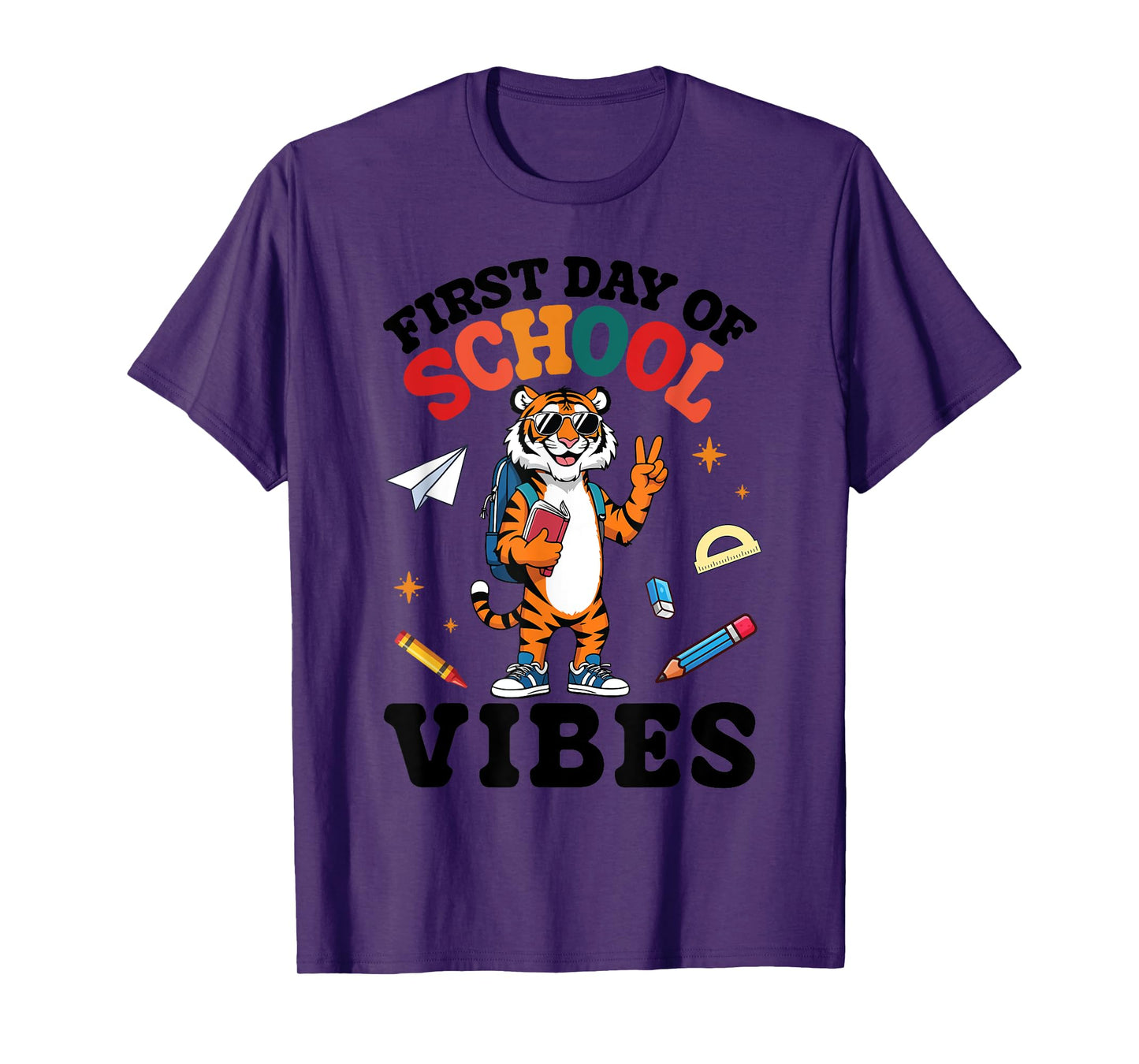 Tiger Student & Peace Sign Books First Day Of School Vibes T-Shirt