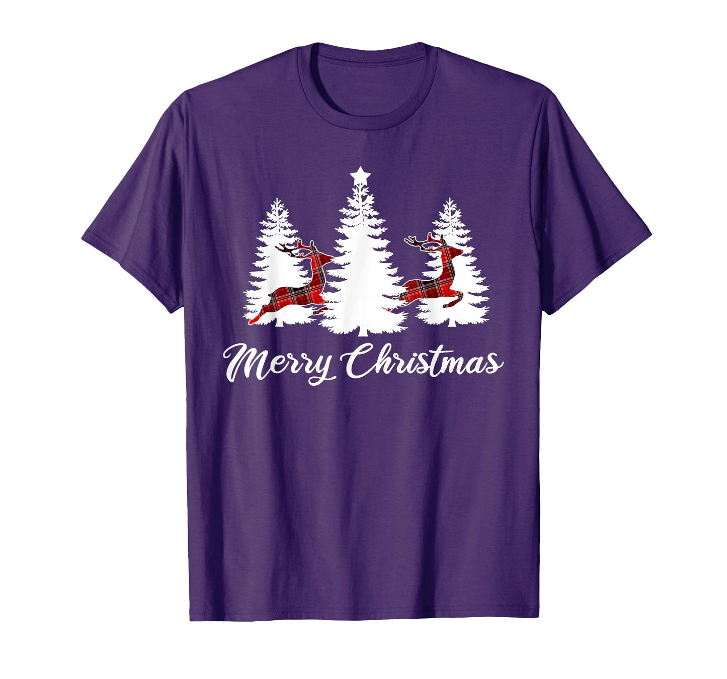 Merry Christmas Shirt for Women Buffalo Plaid Reindeer Tree T-Shirt