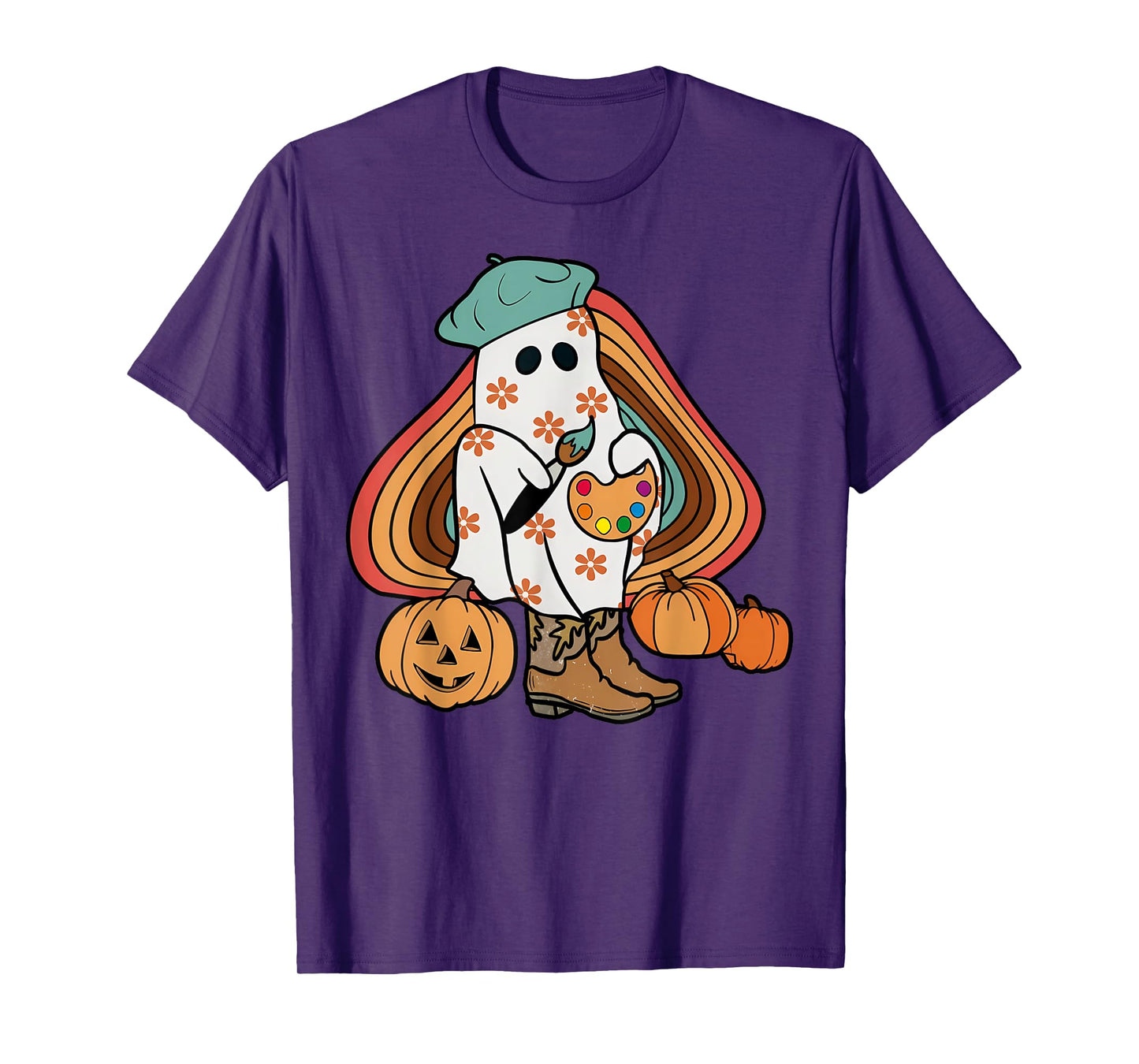 Art Teacher Painting Brushes Retro Pumpkin Ghost Artist T-Shirt