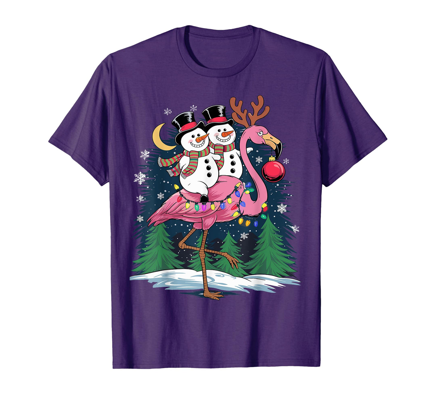 Christmas Snowman Riding Flamingo Xmas Girls Women T-Shirt