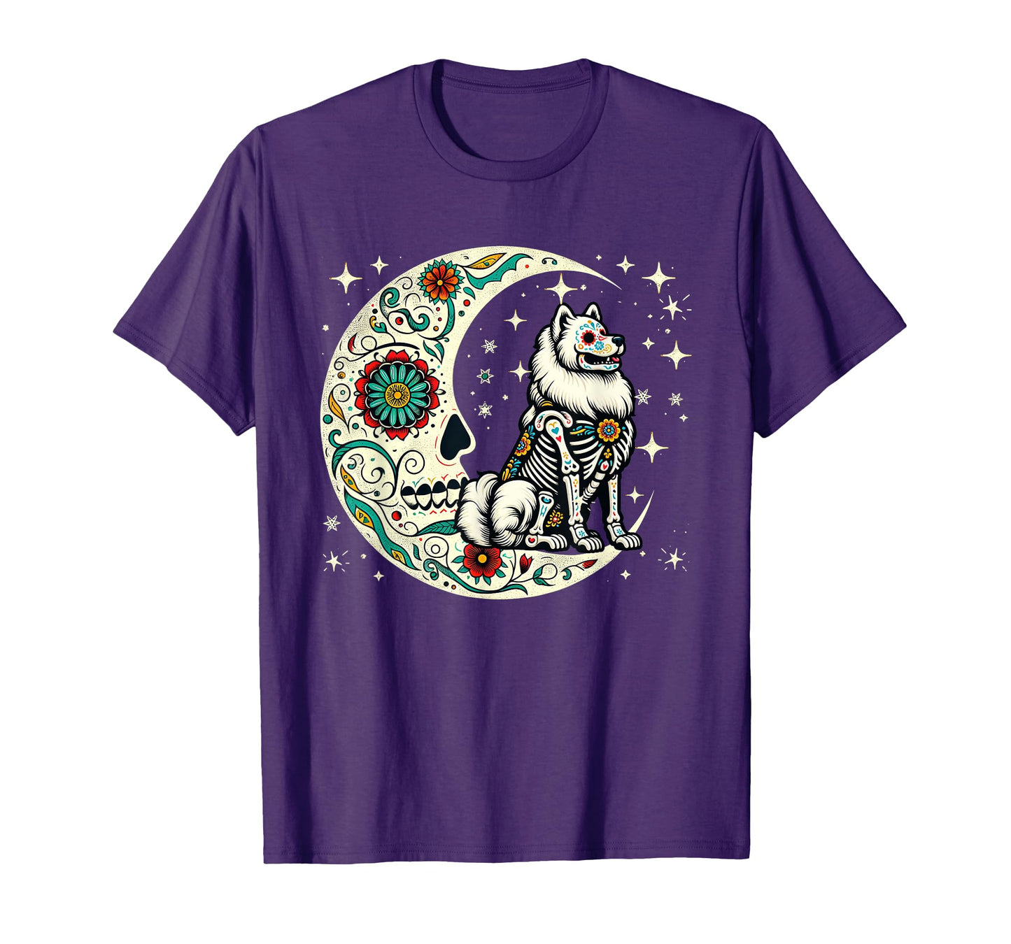 Dia De Los Muertos Halloween Moon Floral Skeleton Samoyed T-Shirt