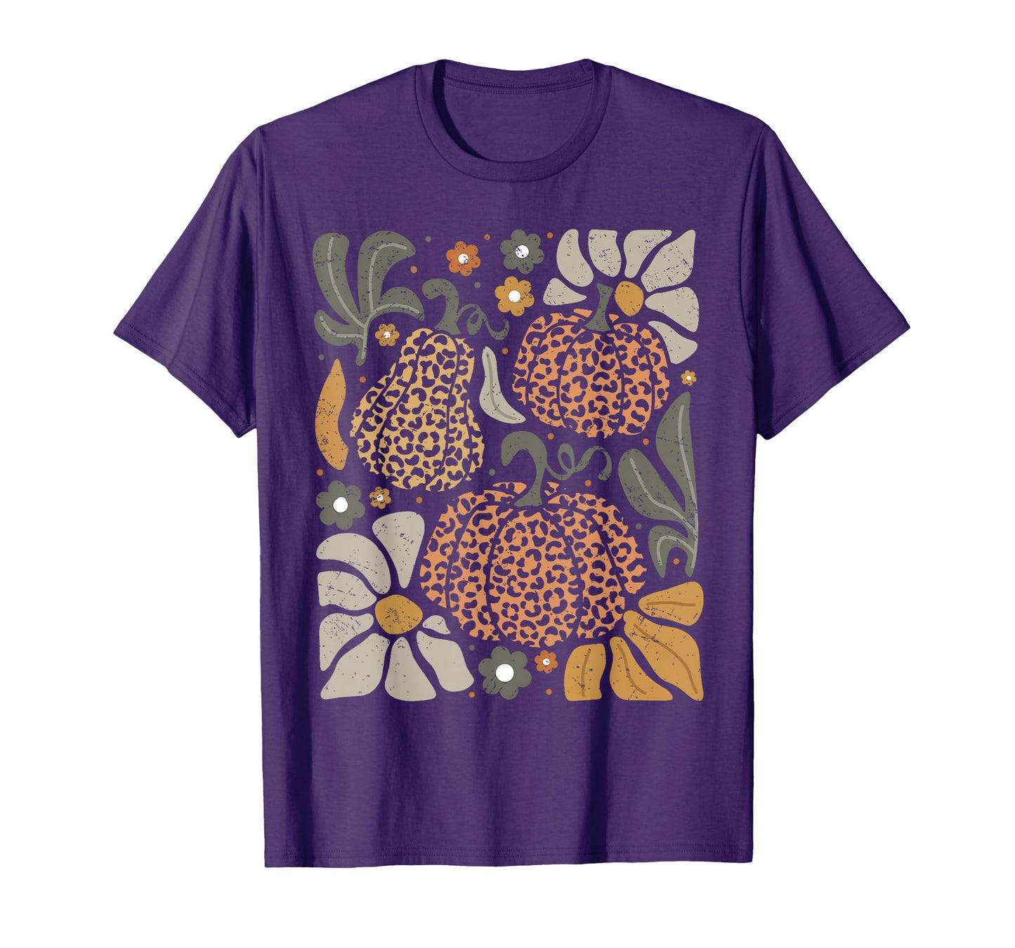 Leopard Pumpkin With Flowers Boho Floral Thanksgiving T-Shirt