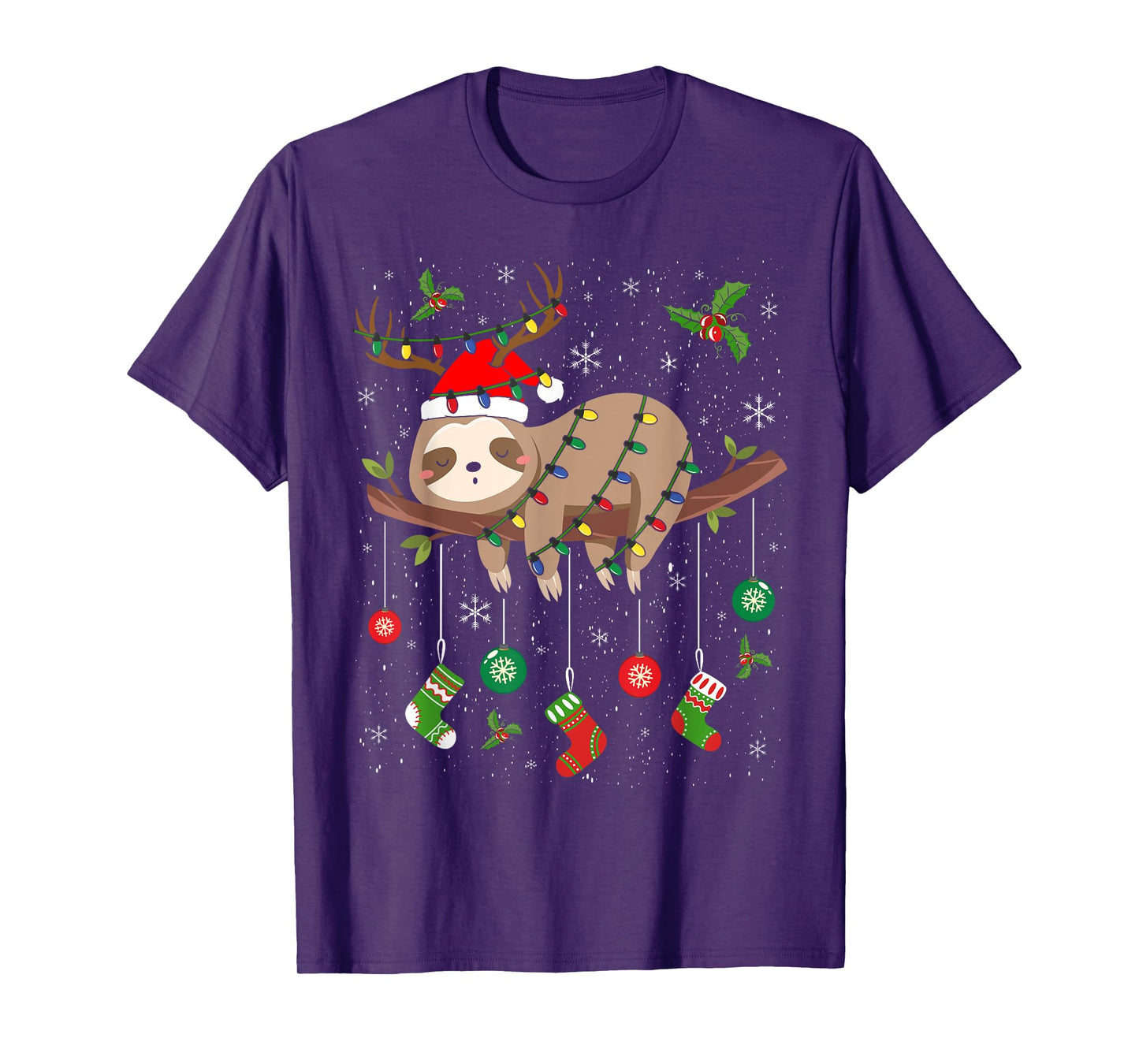 Sloths Xmas Lighting Reindeer Santa Hat Sloth Christmas T-Shirt