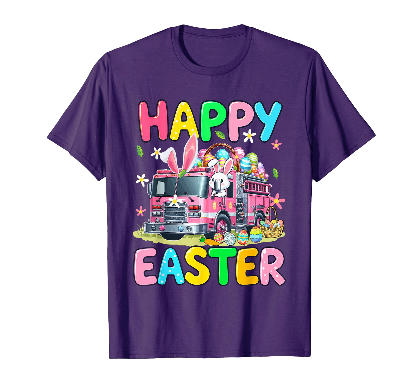 Happy Easter Bunny Driving Firetruck Chocolate Eggs Basket T-Shirt