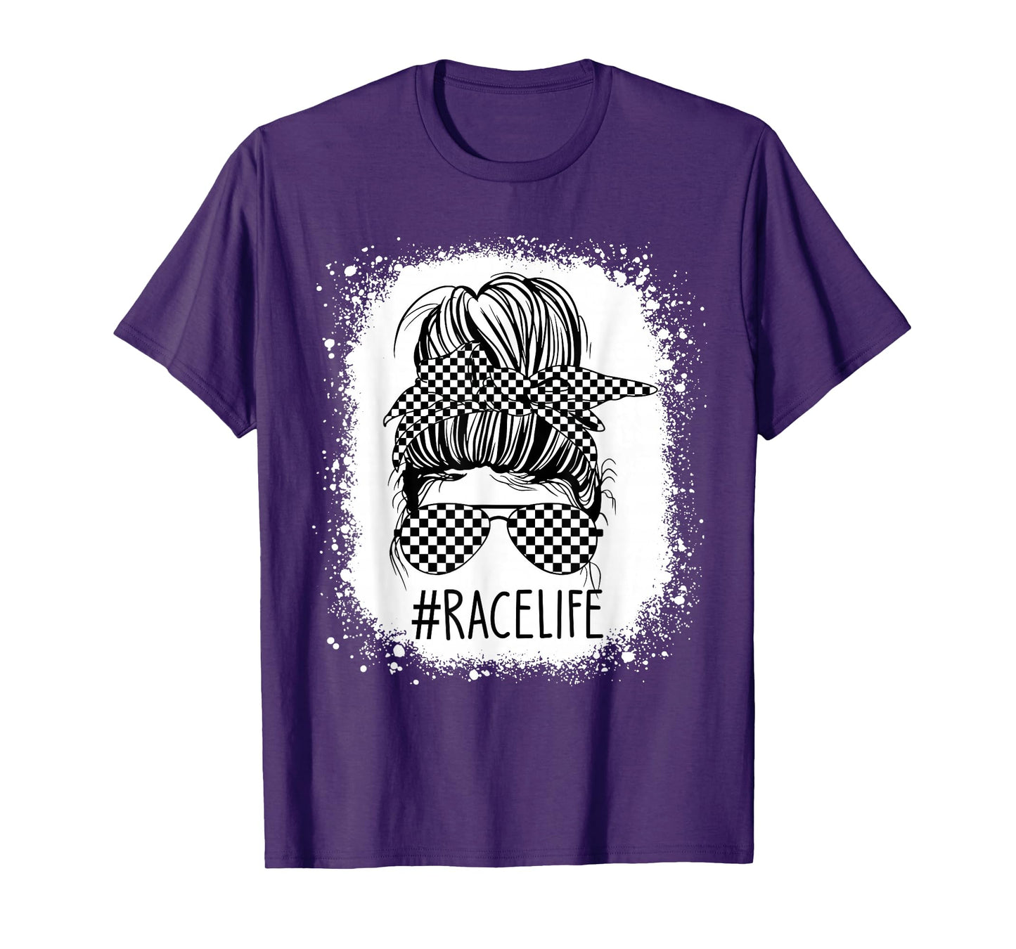 Race Life Messy Bun Bleached Race Car Checkered Racing Women T-Shirt