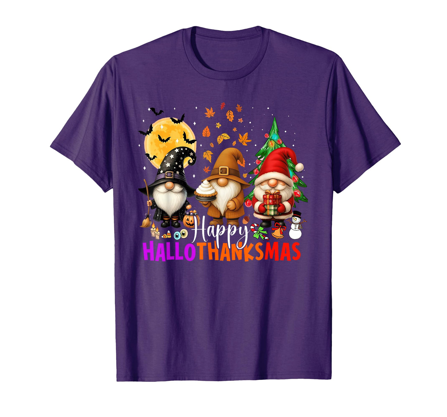Happy HalloThanksMas Gnomes Halloween Thanksgiving Christmas T-Shirt