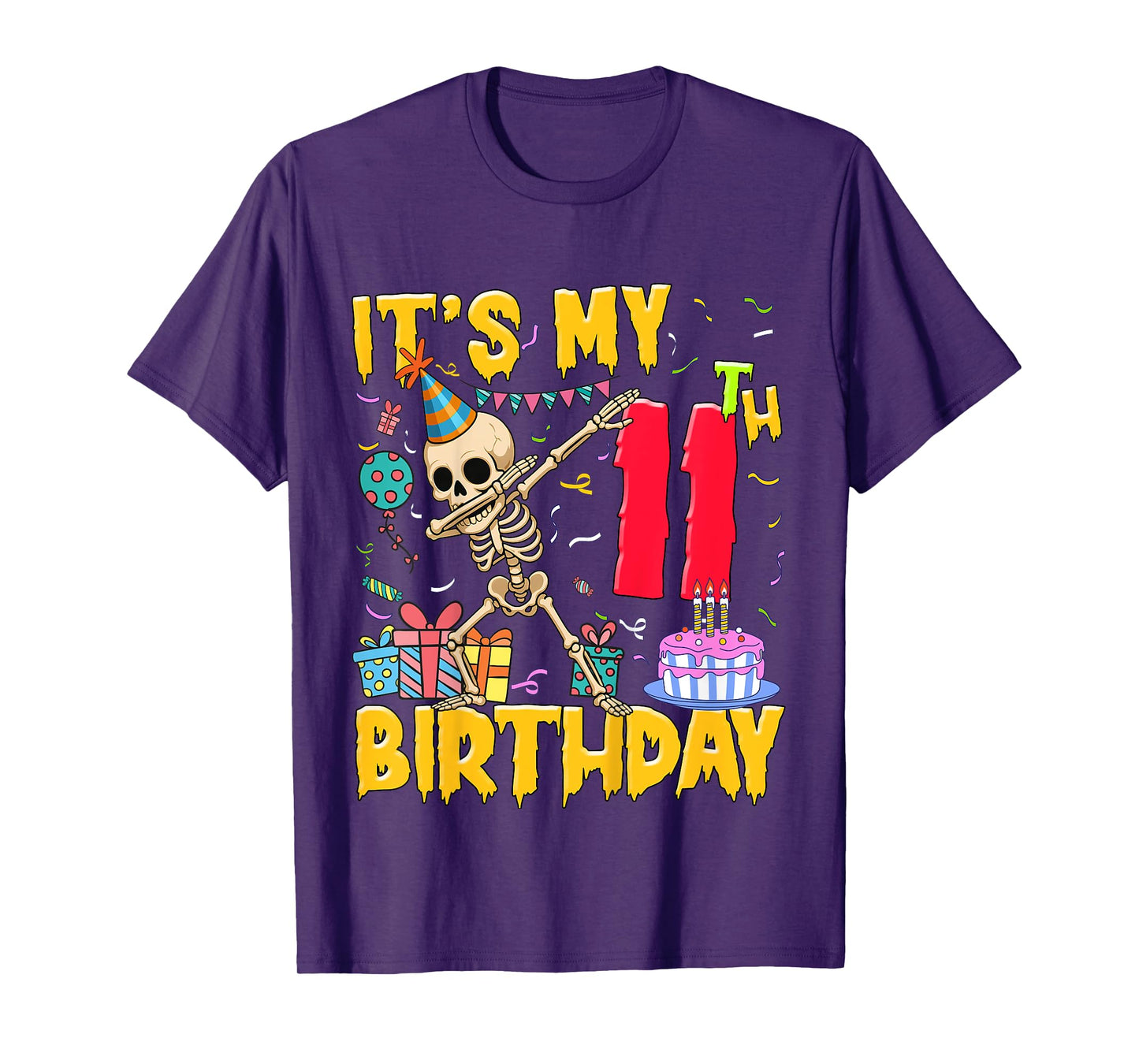 Kids It's My 11th Birthday Party Halloween Skeleton Birthday T-Shirt