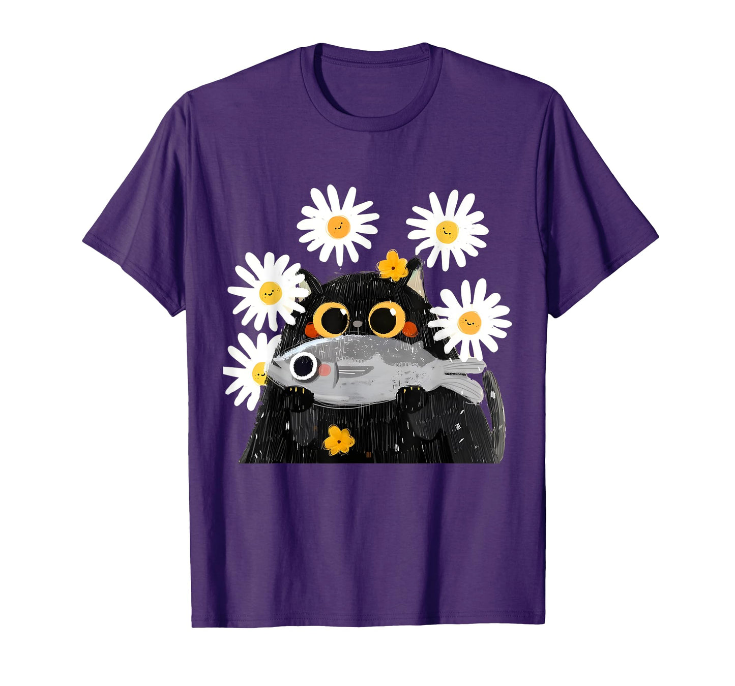 Cute Cat Holding Fish Cat Fish Lover Floral Cat Funny Kitty T-Shirt