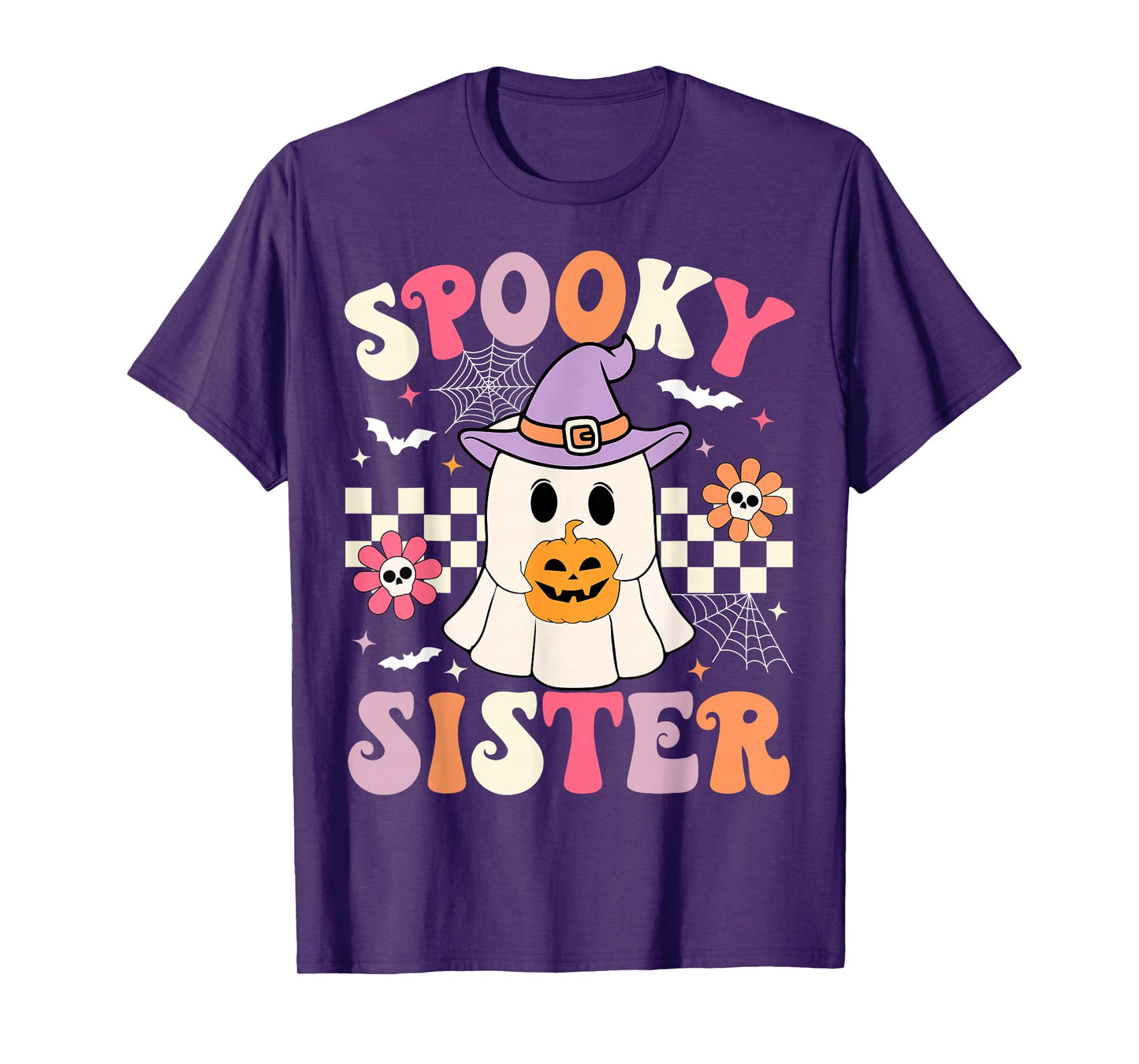 Groovy Spooky Sister Retro Ghost Holding Pumpkin Halloween T-Shirt