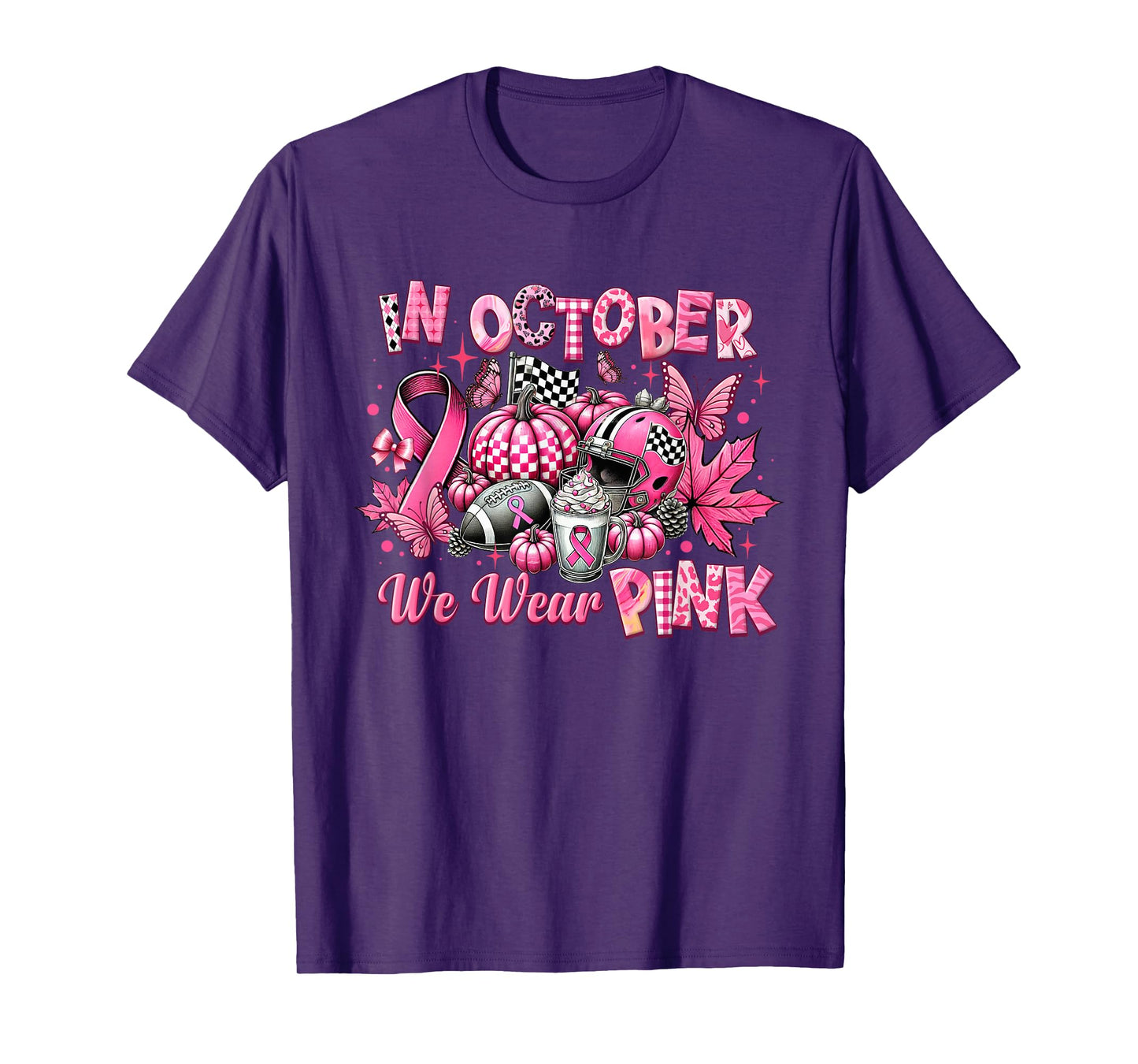 In October We Wear Pink Breast Cancer Pumpkin Football T-Shirt