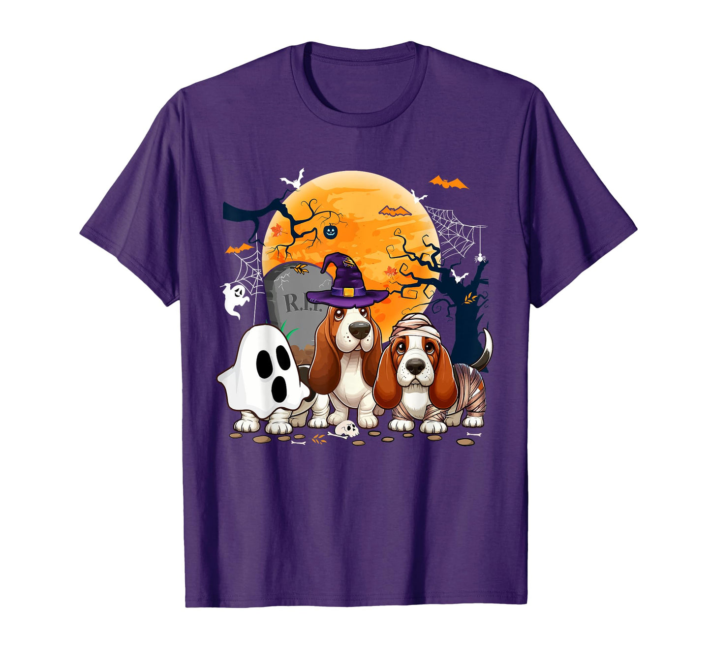 Three Halloween Basset Hounds Cosplay Witch Ghost Mummy T-Shirt