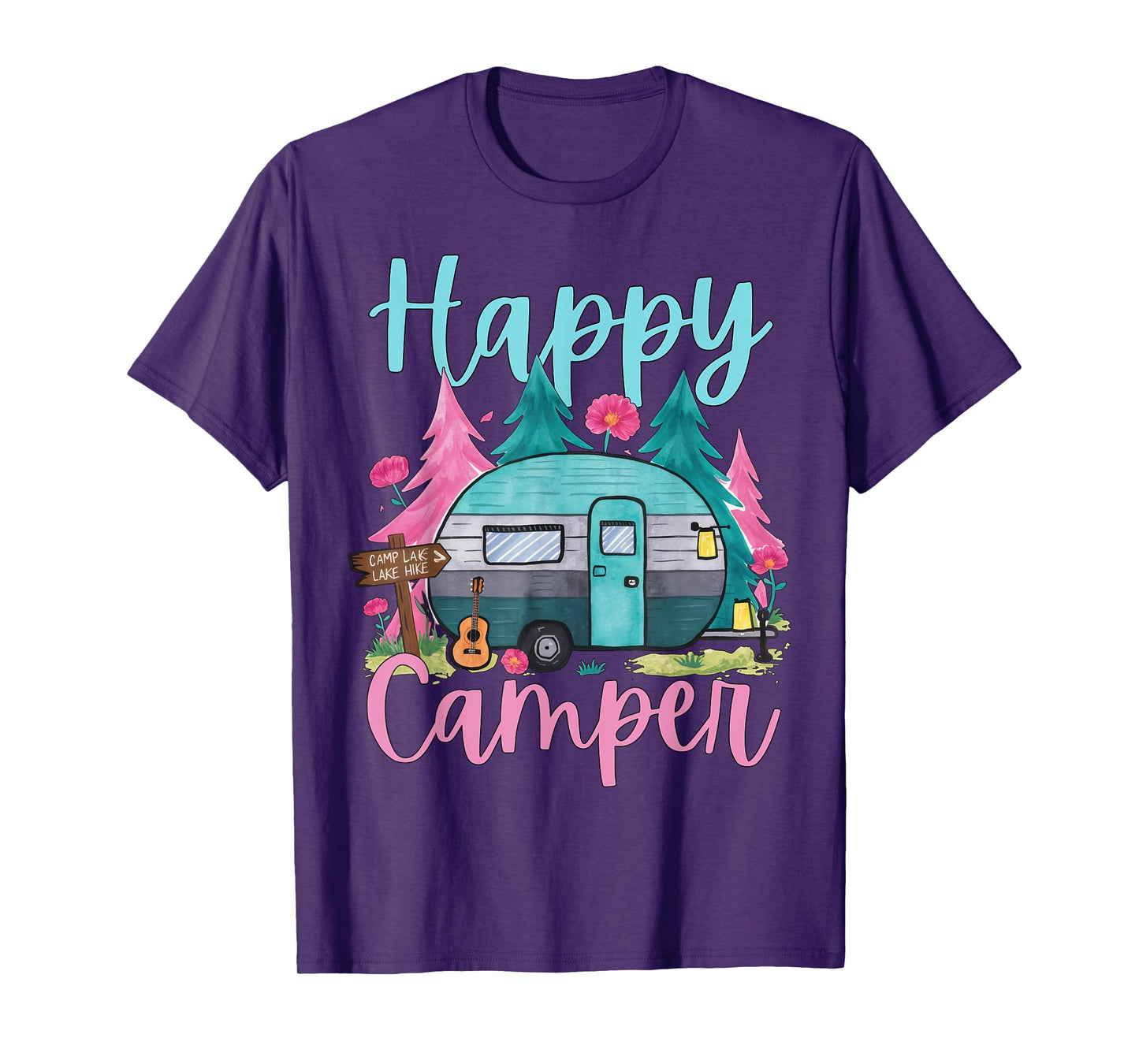 Funny Happy Camper Camping Apparel Trailer RV Kids Women T-Shirt