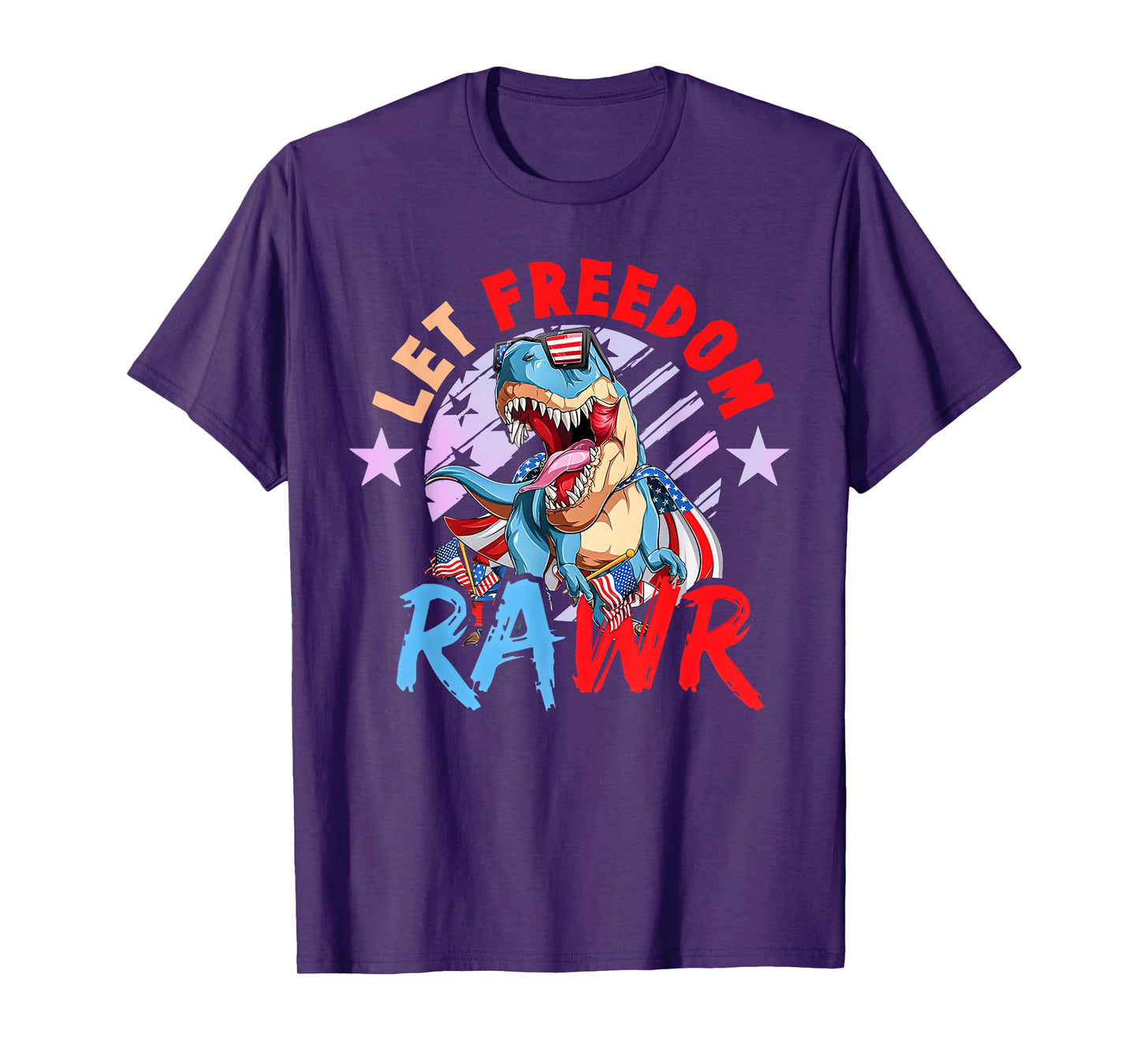 Let Freedom Groovy Rawr Dinosaur Patriotic 4th Of July Kids T-Shirt
