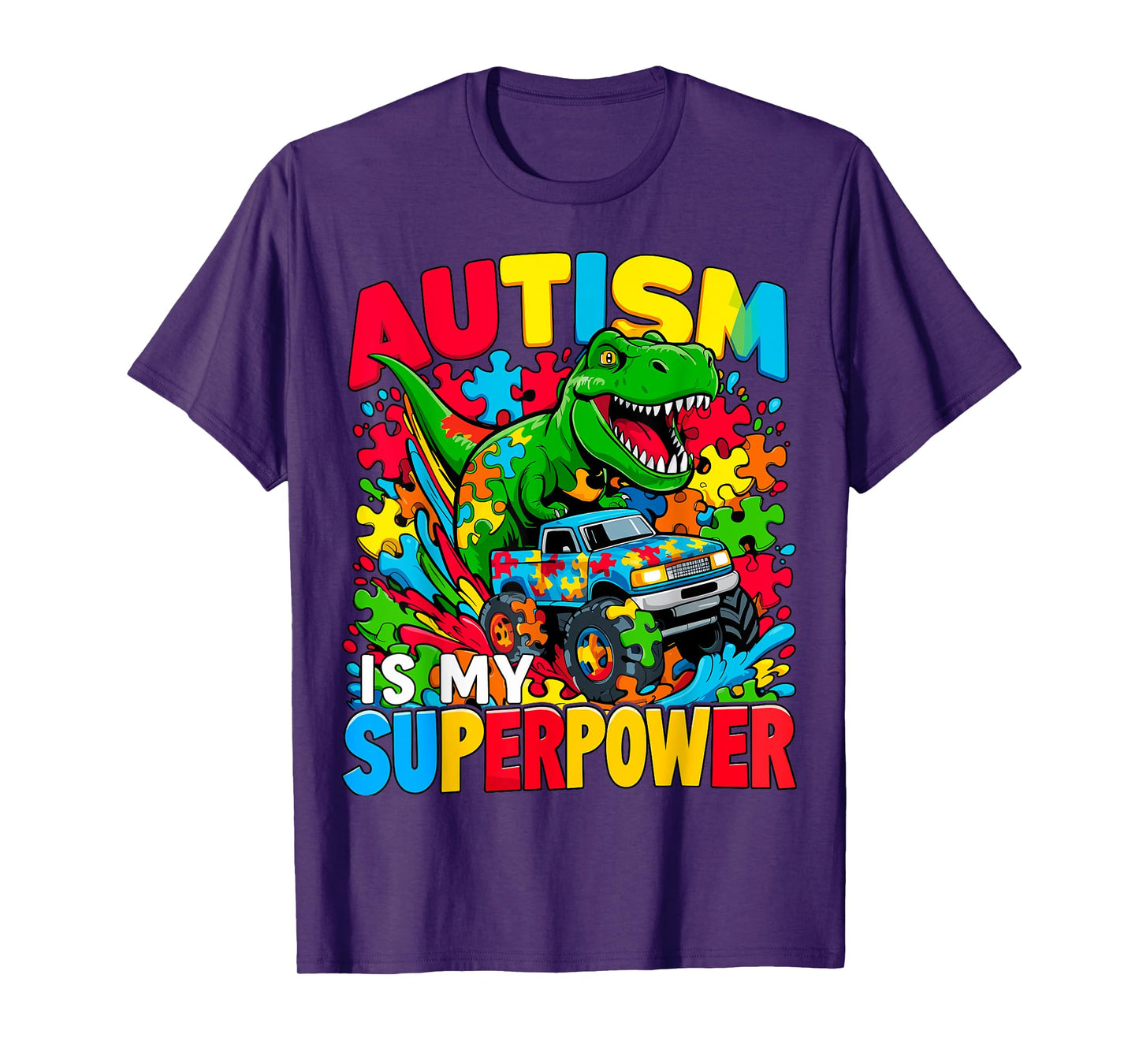 Autism Is My Superpower Dino Boys Monster Truck T-Shirt