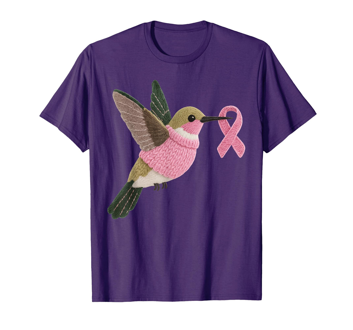 Hummingbird Pattern Felt Art Pink Ribbon Breast Cancer T-Shirt