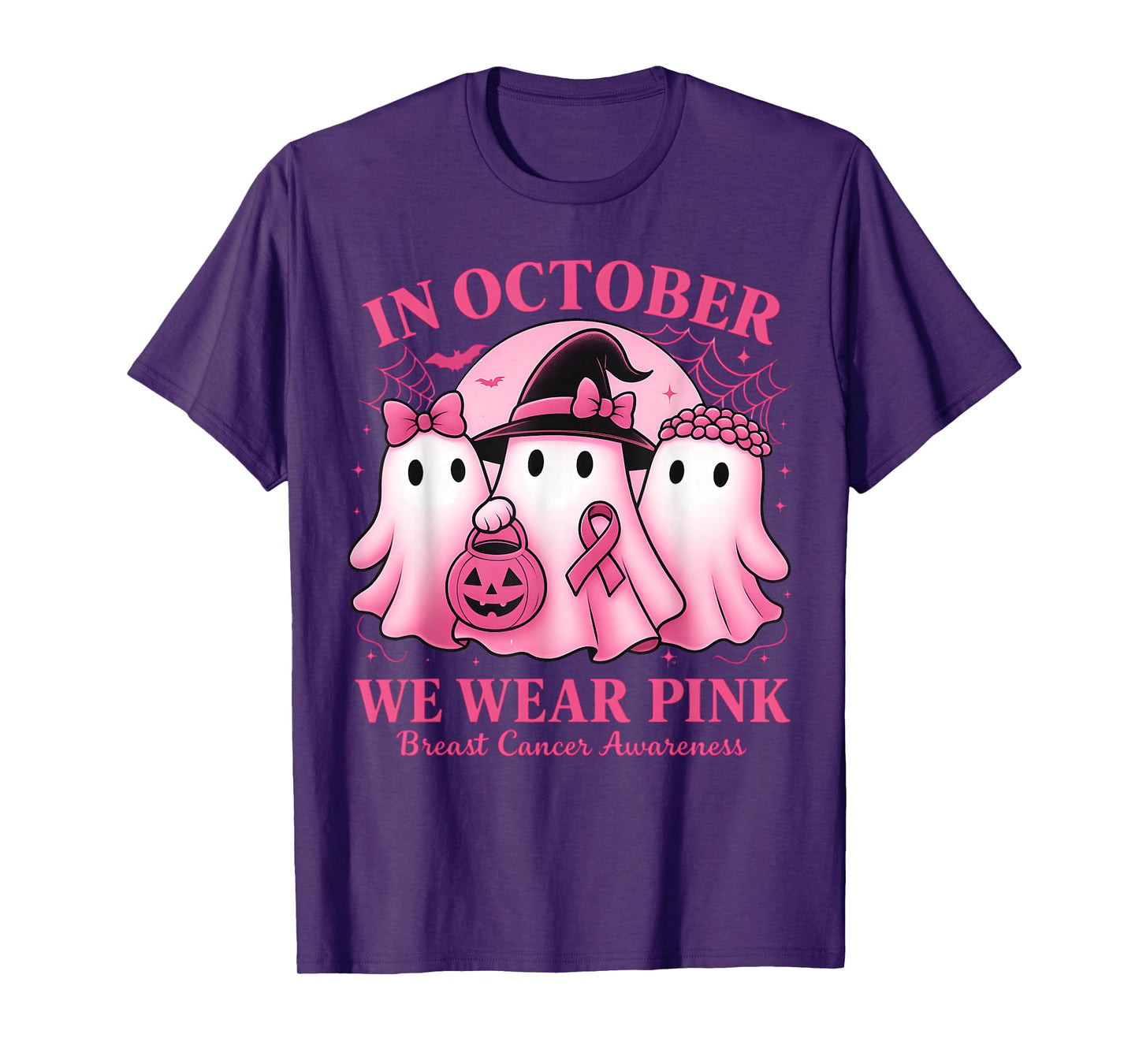 in October We Wear Pink Ghost Halloween Women Breast Cancer T-Shirt