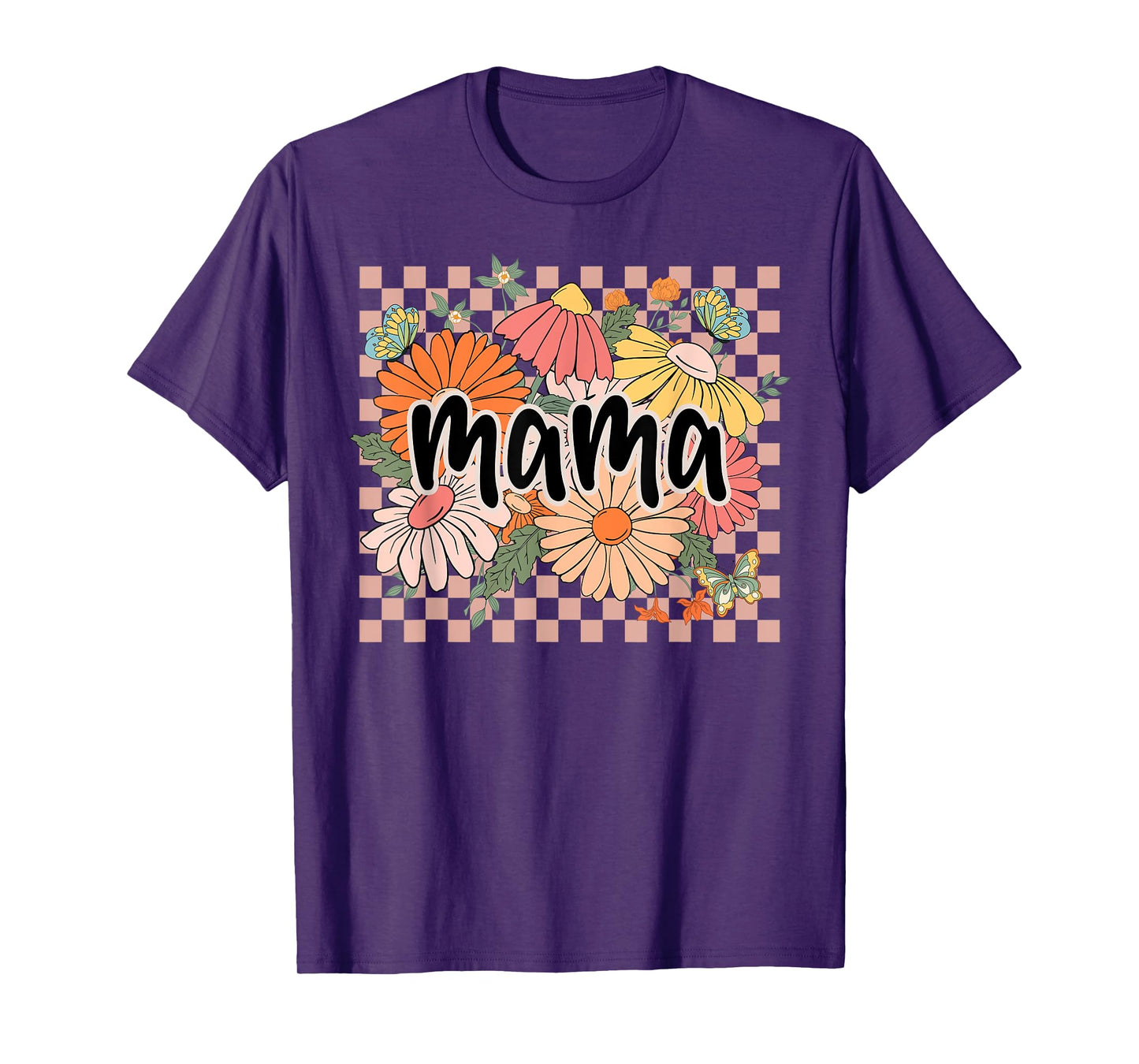 Mama Floral Mother's Day Wildflower Girl Women Checkered T-Shirt