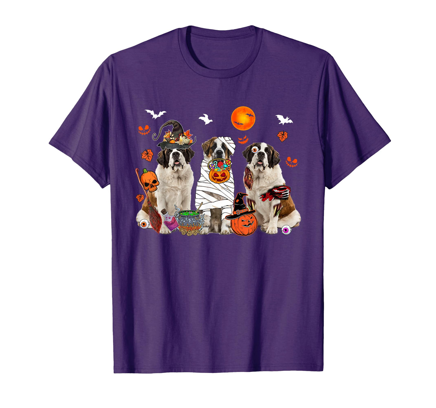 Three St. Bernard Dogs Witch Scary Mummy Halloween Zombie T-Shirt