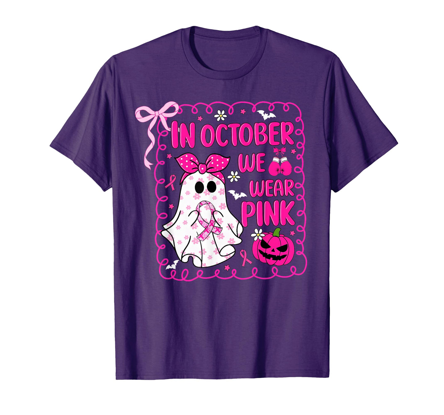 in October We Wear Pink Bow Ghost Breast Cancer Awareness T-Shirt