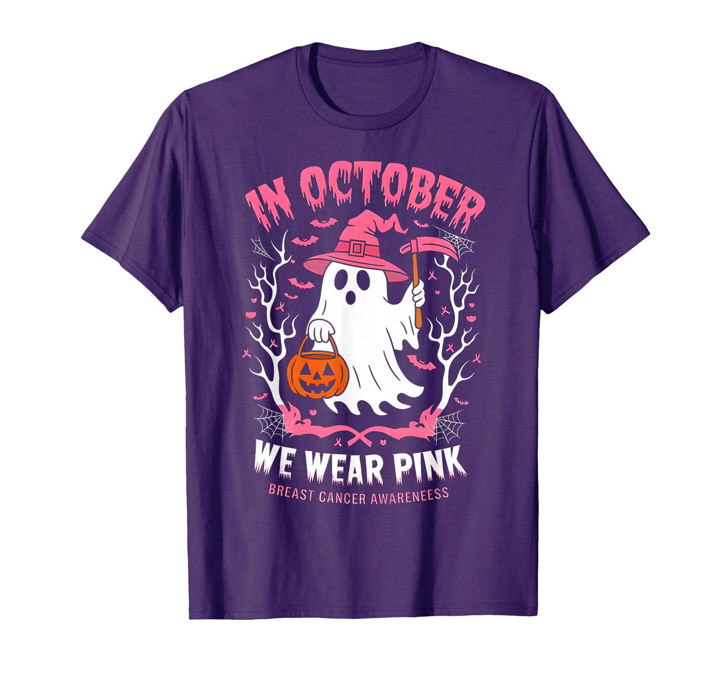 in October We Wear Pink Ghost Witch Breast Cancer Awareness T-Shirt