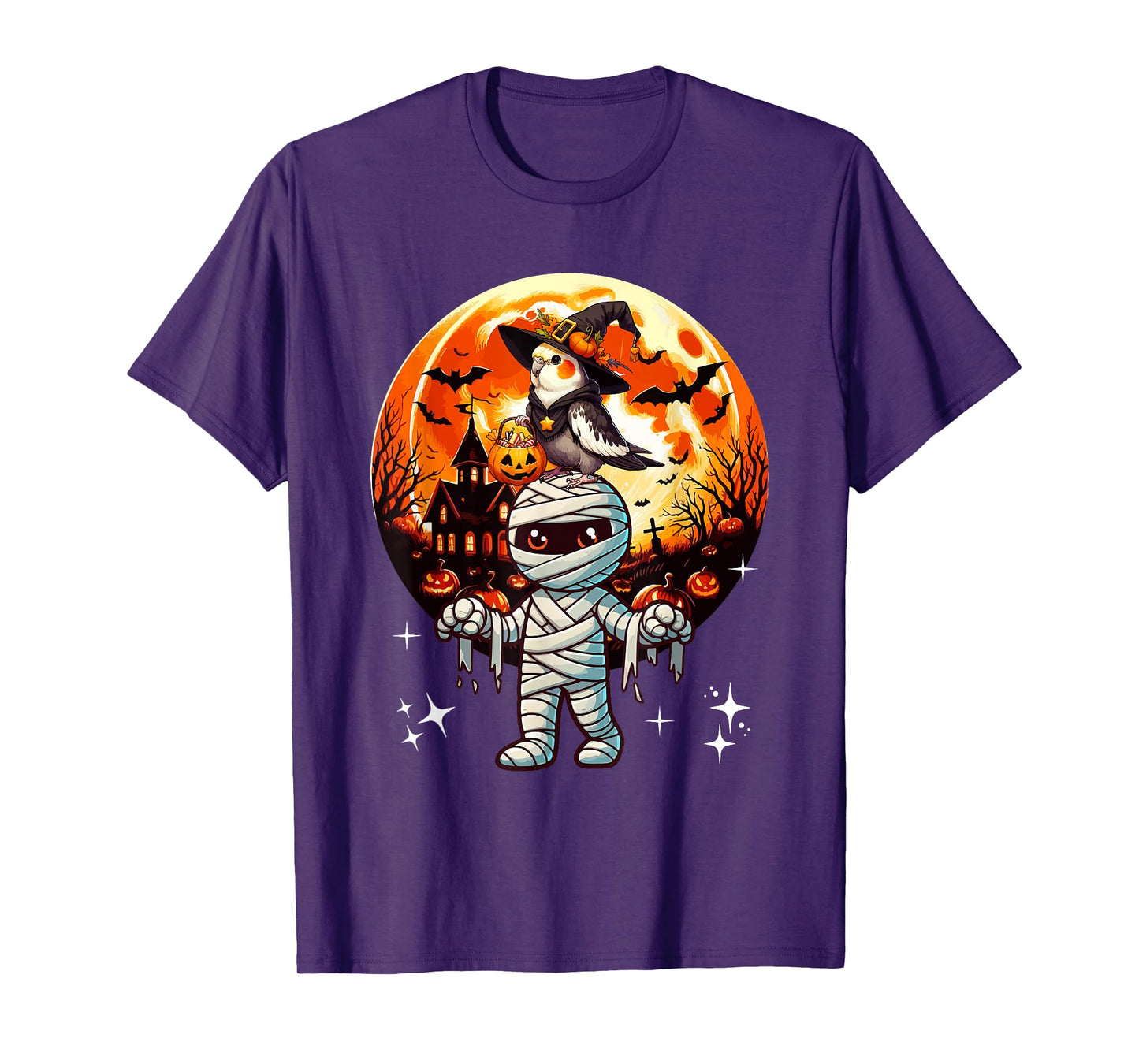 Cockatiel As Witch On Mummy Halloween Candies Basket Pumpkin T-Shirt