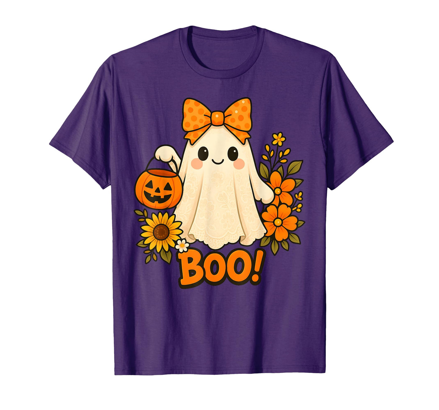 Retro Floral Boo Ghost Pumpkin Bow Halloween Women Kids T-Shirt