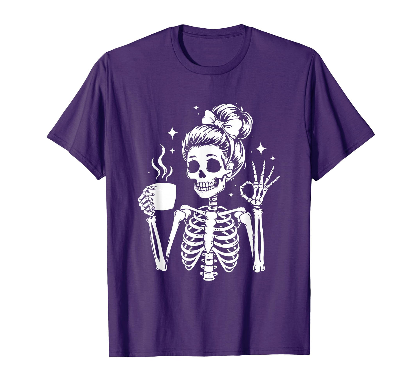 Messy Bun Drinking Coffee for Women Skeleton Tired Mom T-Shirt