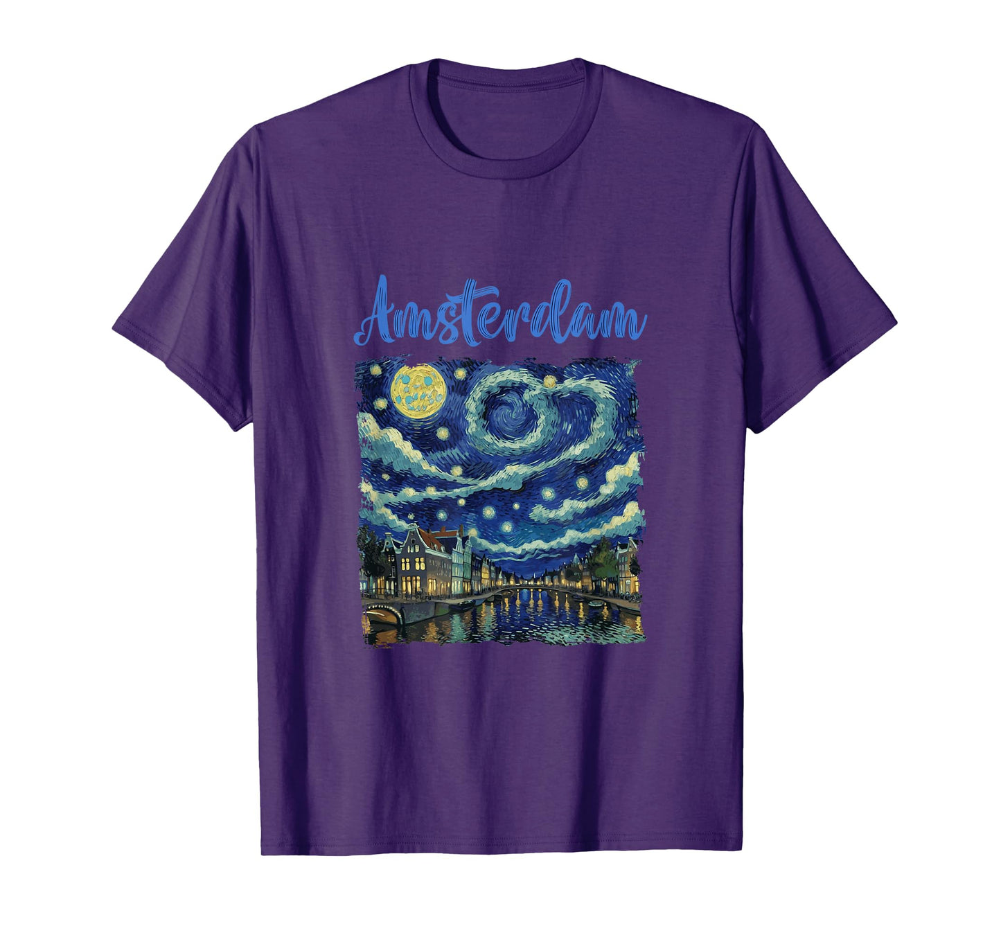 Vintage Amsterdam Canal Street At Night Van Gogh Art Style T-Shirt