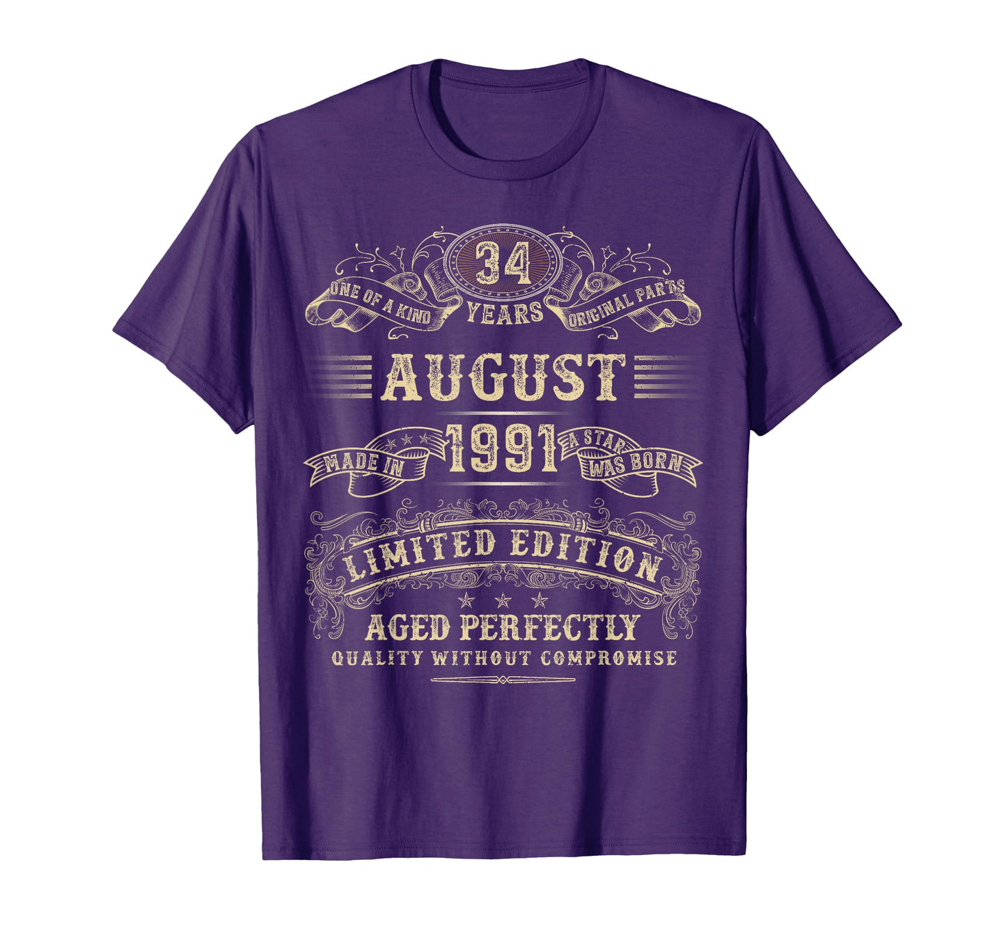 August 1991 34 Year Old Birthday Gifts For Men 34th Bday T-Shirt