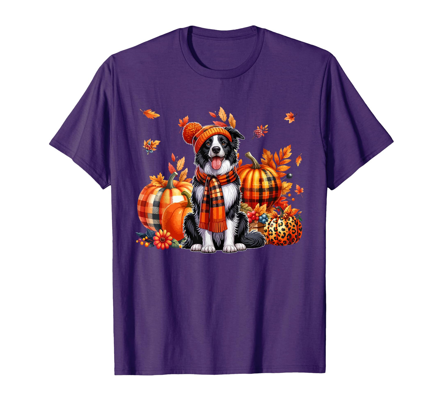 Border Collie Thanksgiving Leopard Pumpkins Fall Leaves T-Shirt