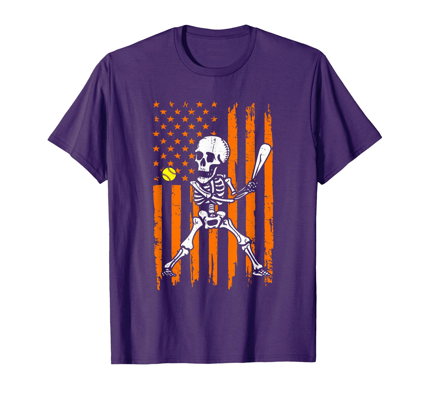Retro Skeleton Playing Softball USA Flag Halloween Boys Kids T-Shirt