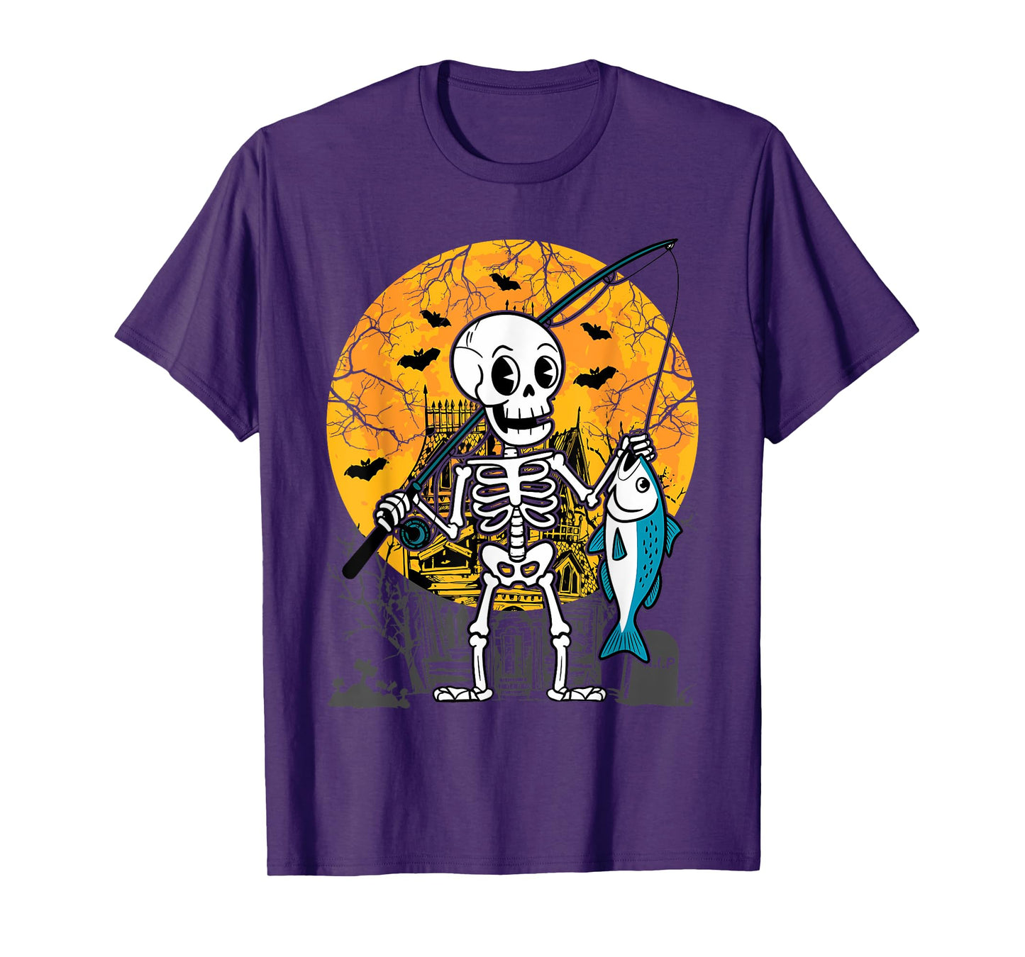 Halloween Skeleton Fishing Costume Fisherman Men Boys Kids T-Shirt