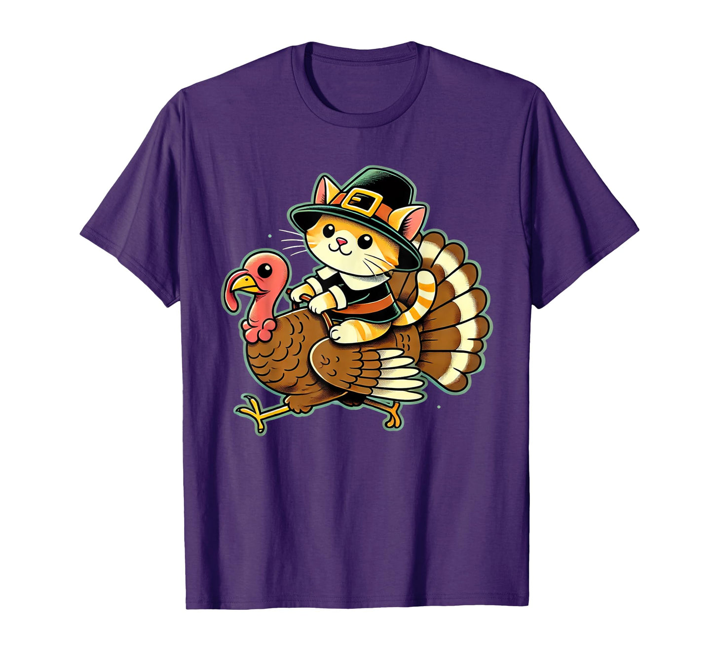 Cute Cat Pilgrim Costume And Turkey Funny Thanksgiving Retro T-Shirt for Men Women Girls Kids