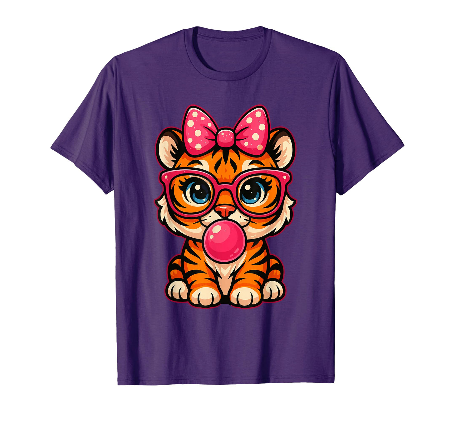 Funny Tiger Glasses Blowing Bubble Gum Bow Cute Tiger T-Shirt