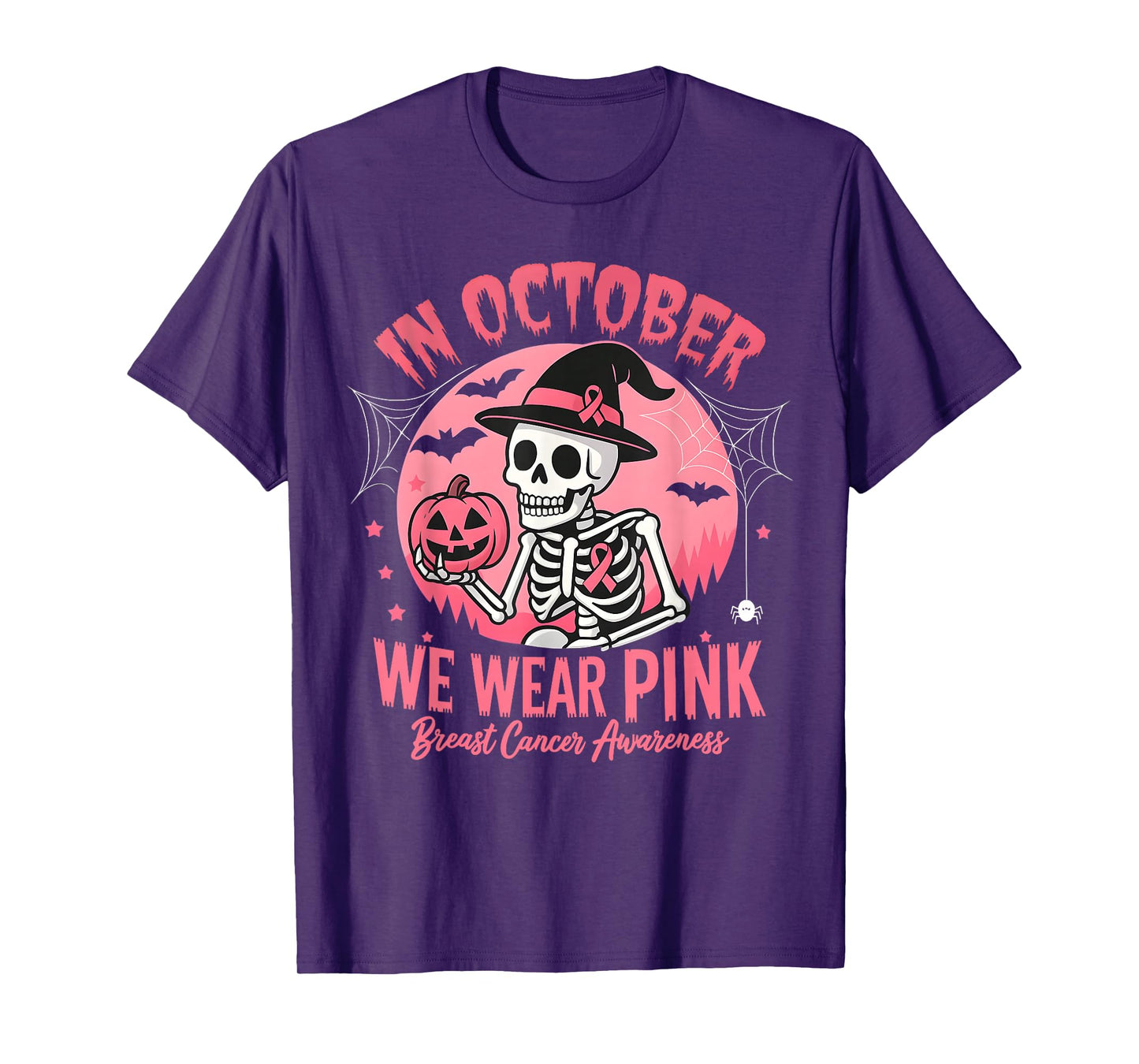 in October We Wear Pink Breast Cancer Skeleton Halloween T-Shirt