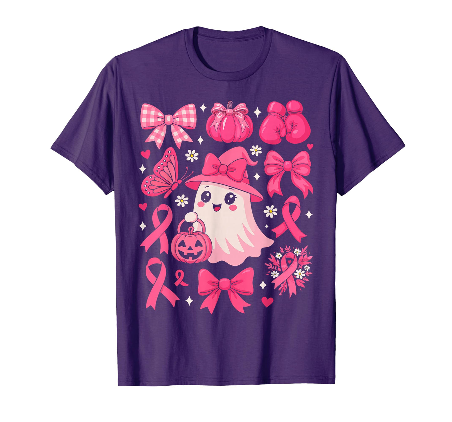 Floral Ghost Pink Ribbon Coquette Bow Pumpkin Breast Cancer T-Shirt