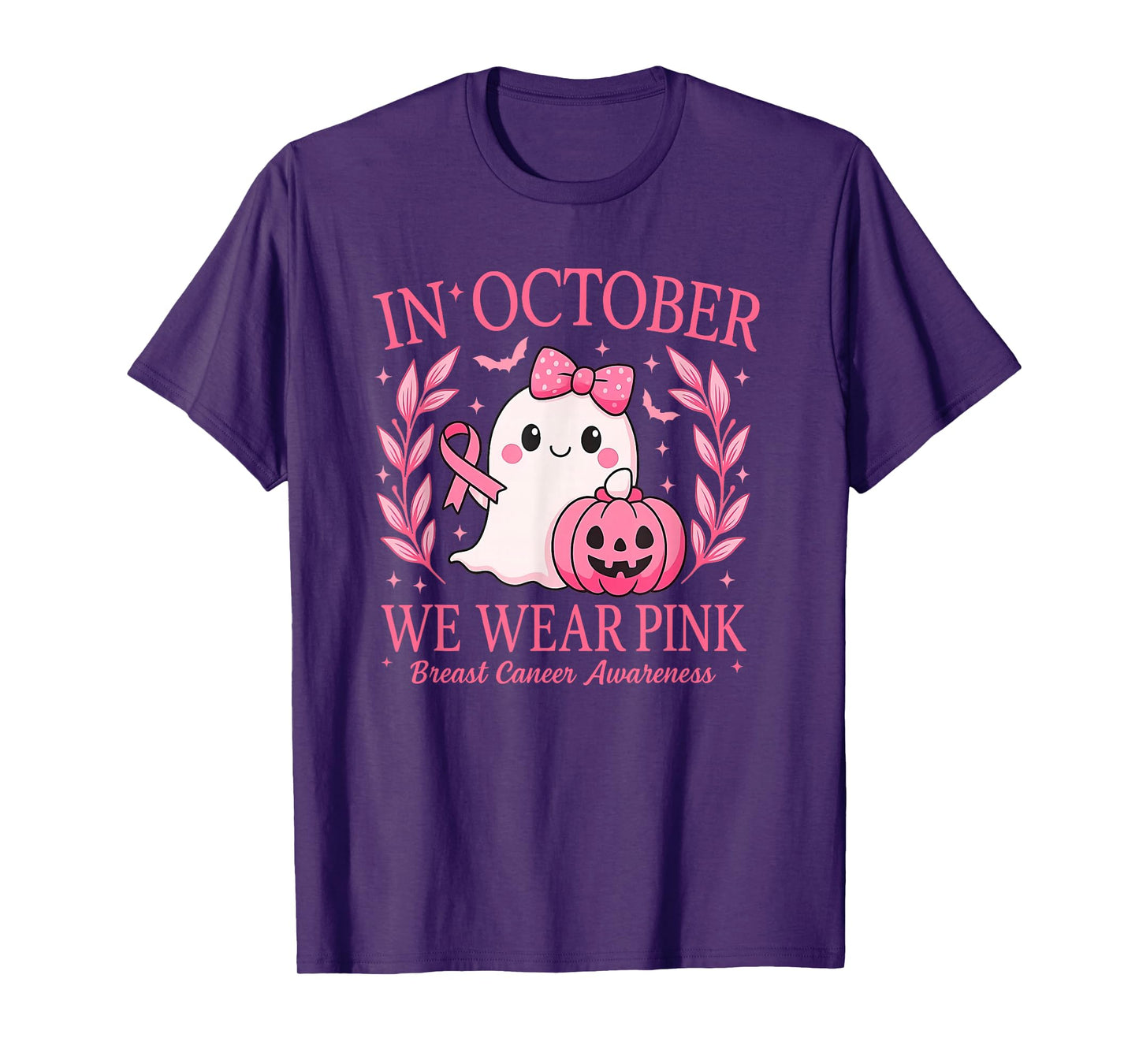 in October We Wear Pink Ghost Witch Breast Cancer Awareness T-Shirt