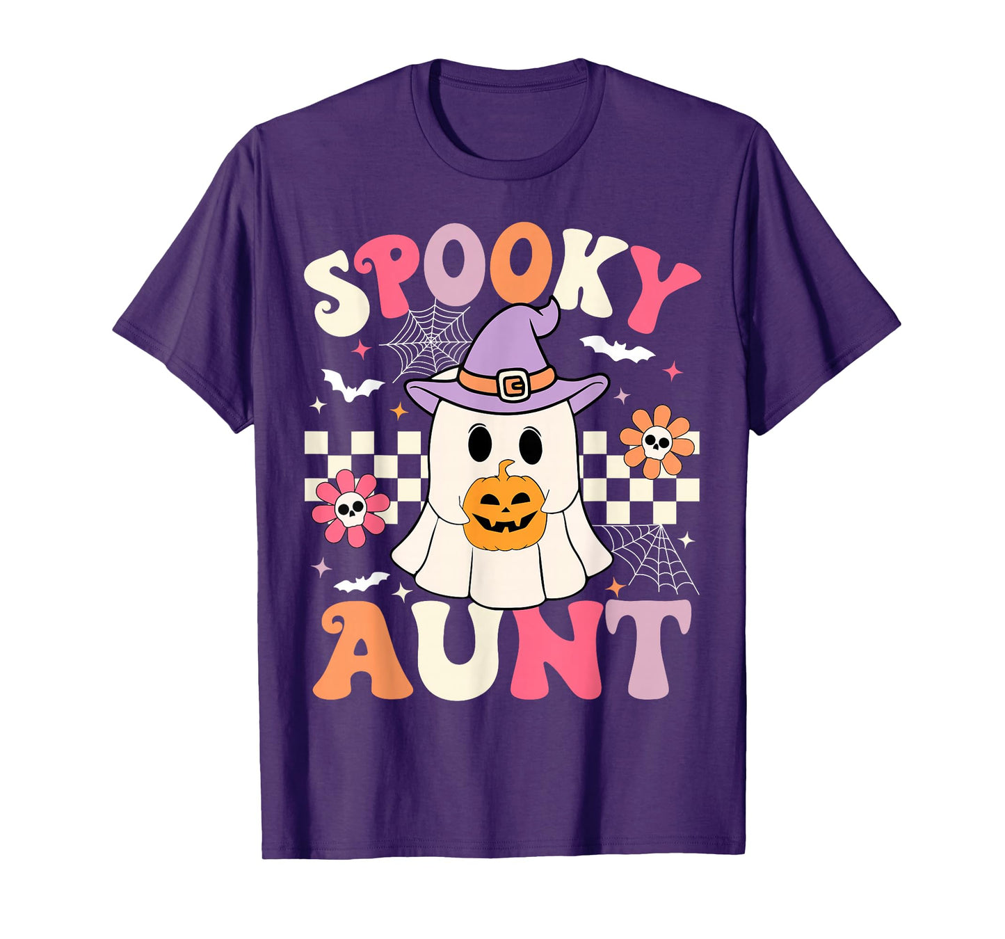 Groovy Spooky Aunt Ghost Holding Pumpkin Halloween Aunt T-Shirt